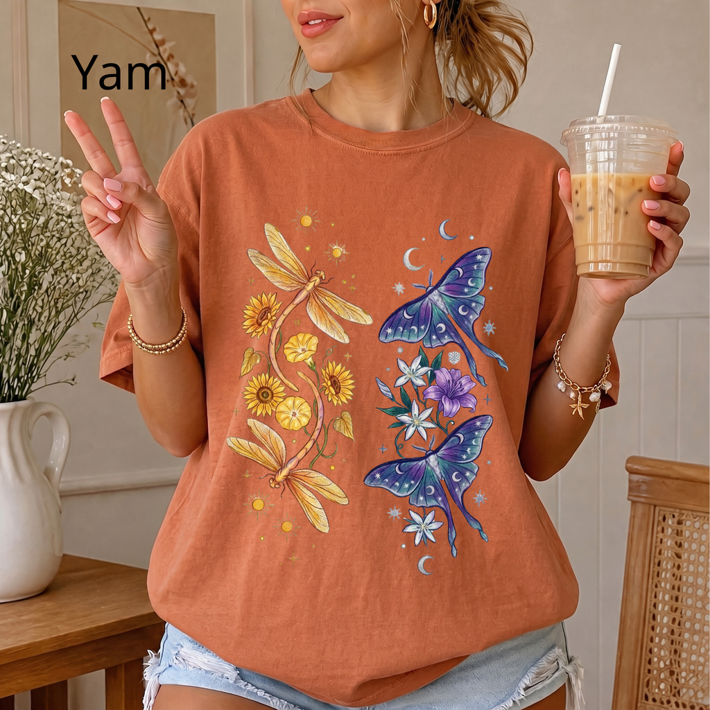 Botanical Moths T-Shirt — Golden Dragonflies & Midnight Moths Floral Tee