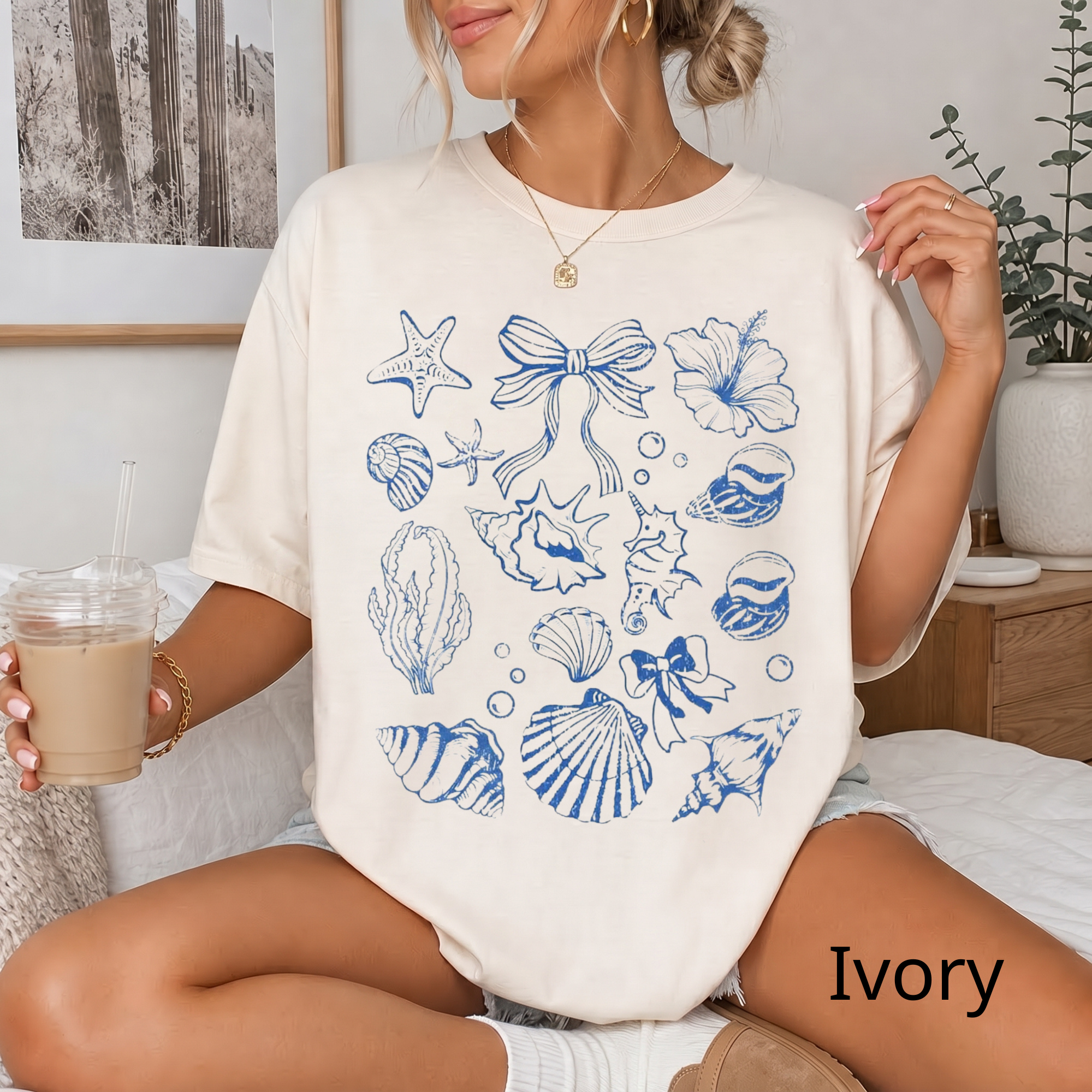 Graphic Tee for Women, Ocean Aesthetic T-Shirt with Sea Shells and Bows, Minimalist Line Art Shirt, Beach Day Cotton Top