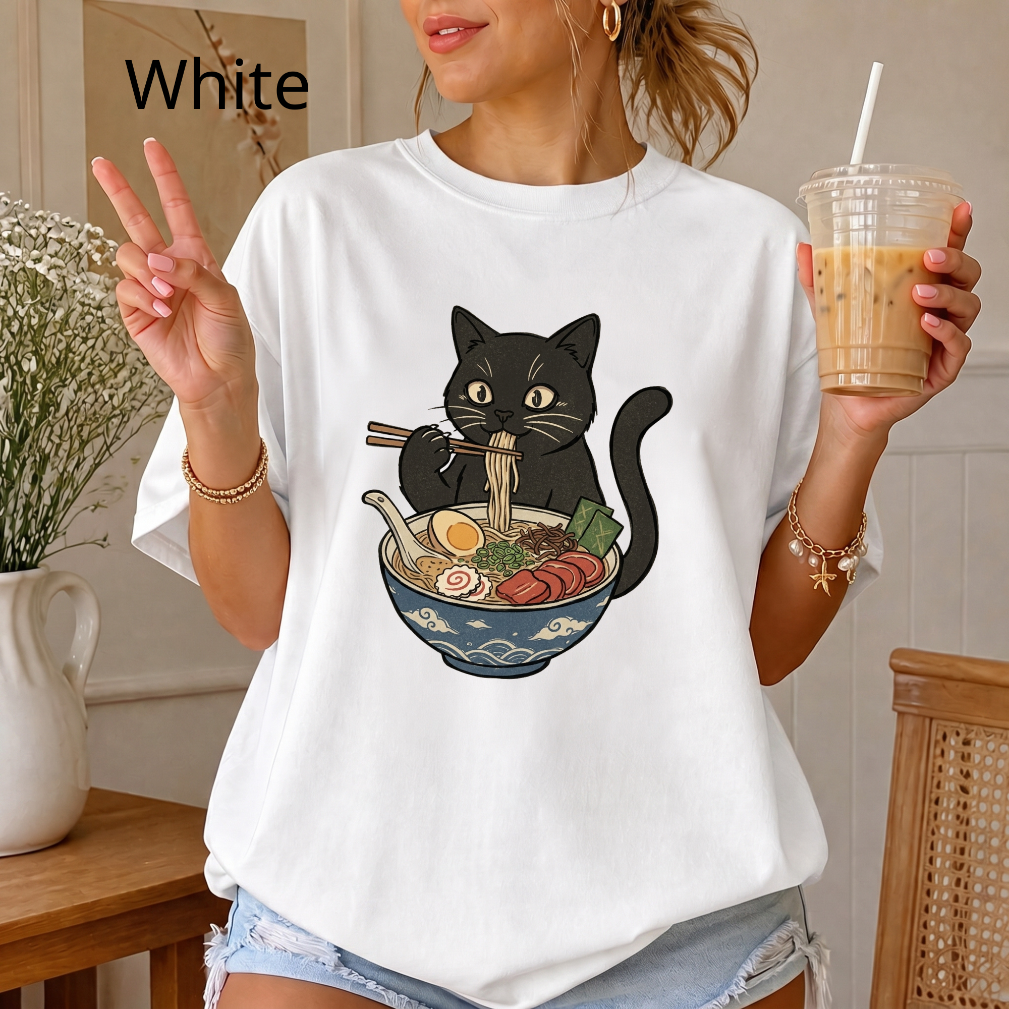 Comfort Colors® Cat Ramen Unisex T-Shirt, Funny Cat Eating Ramen Graphic Tee, Vintage Kitty Casual Summer Shirt