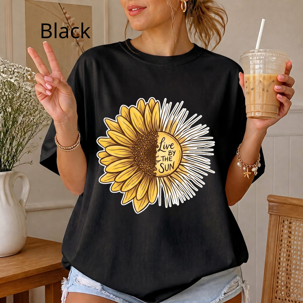 Boho Sunflower Sun Shirt, Inspirational Quote Graphic Tee, Live by the Sun Floral T-Shirt, Aesthetic Sunbeams Comfort Tee
