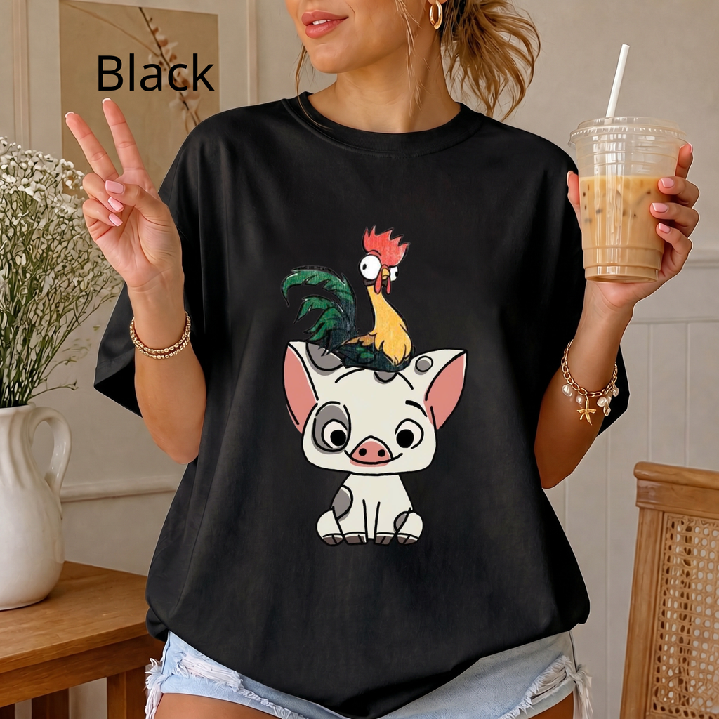 Cute Pua and Hei Hei Shirt, Retro Moana Pig and Rooster T-Shirt, Chibi Anime Graphic Tee, Cute Animal Comfort Colors Shirt
