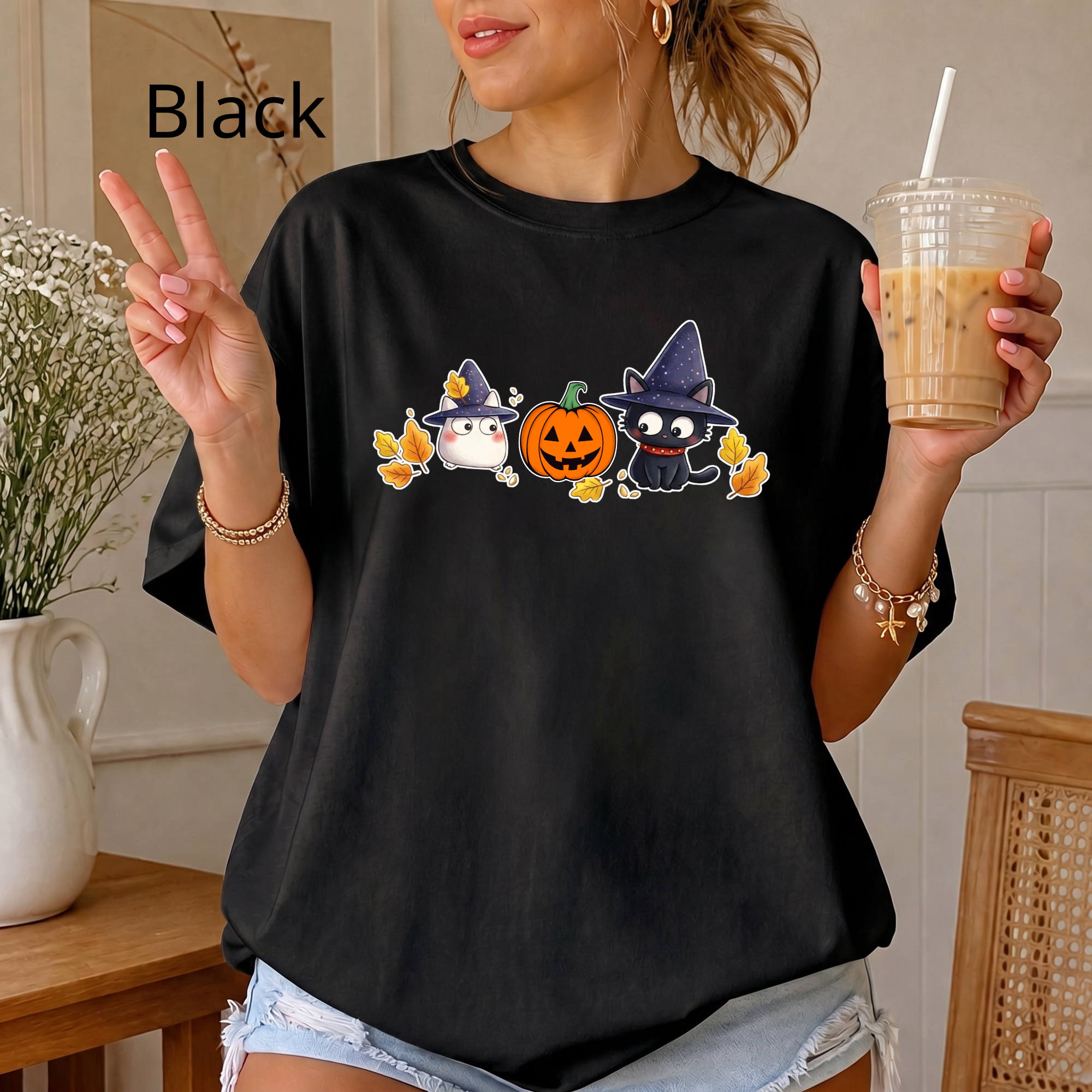 Cute Halloween Witch Cat & Ghost Pumpkin T-Shirt