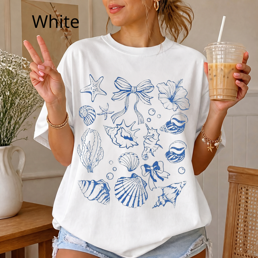 Graphic Tee for Women, Ocean Aesthetic T-Shirt with Sea Shells and Bows, Minimalist Line Art Shirt, Beach Day Cotton Top