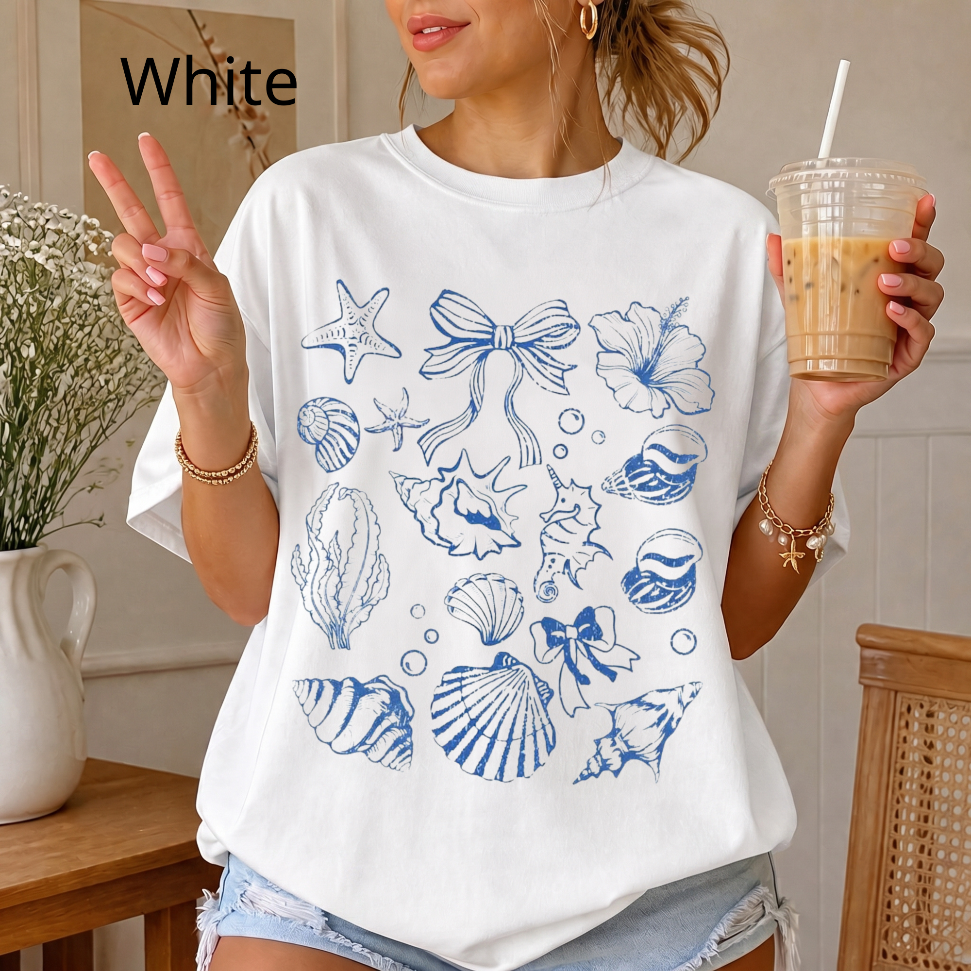 Graphic Tee for Women, Ocean Aesthetic T-Shirt with Sea Shells and Bows, Minimalist Line Art Shirt, Beach Day Cotton Top