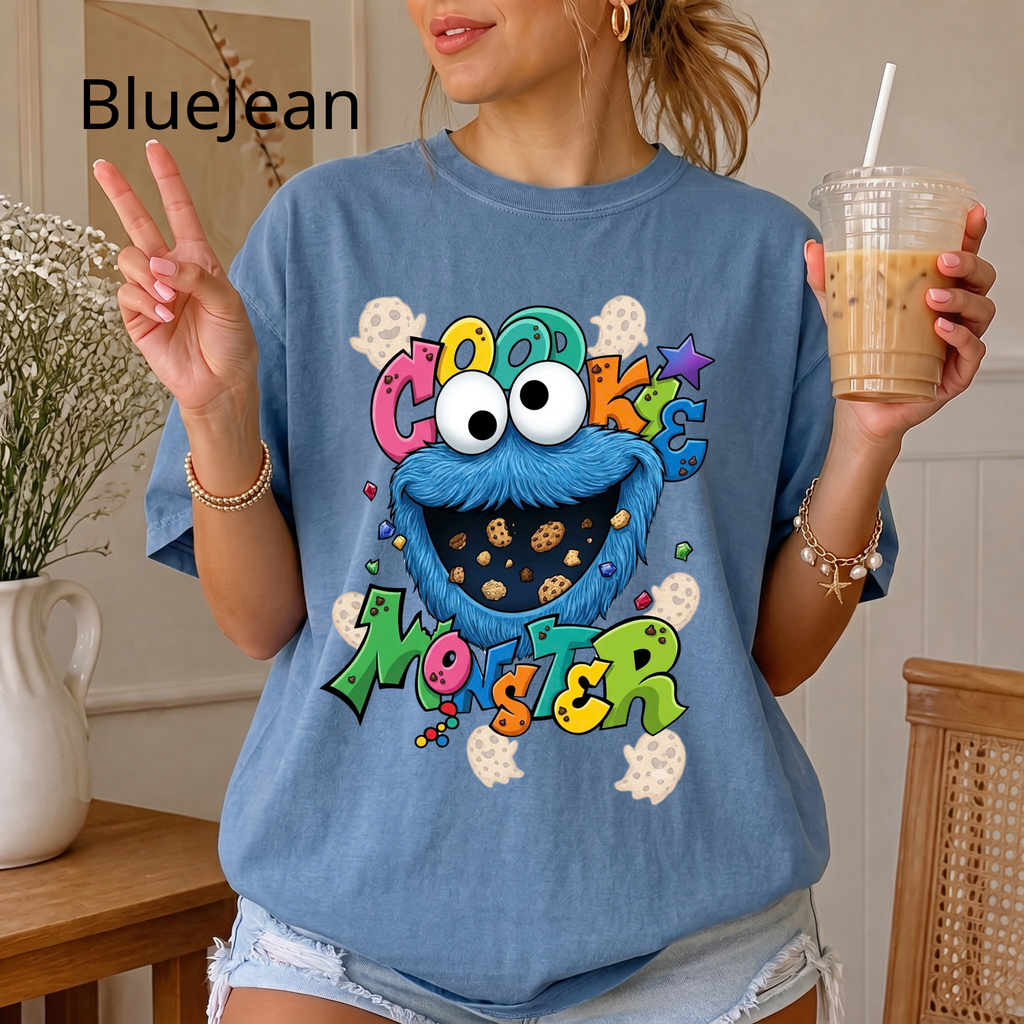 Comfort Color Cookie Monster T-shirt | Sesame Street Cartoon Character Tee, Disney Sesame Street Characters