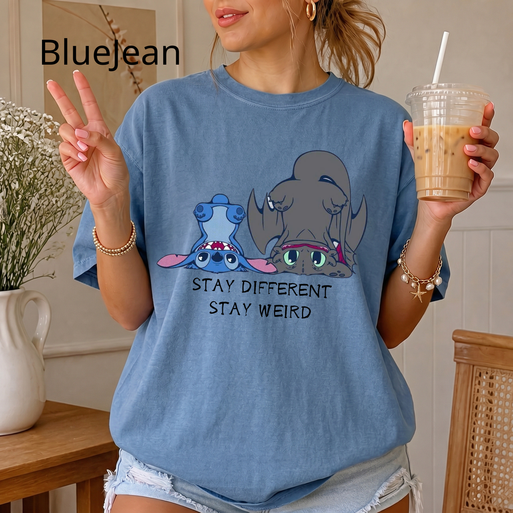 "Stay Different Stay Weird" Shirt, Stitch and Toothless cute tee