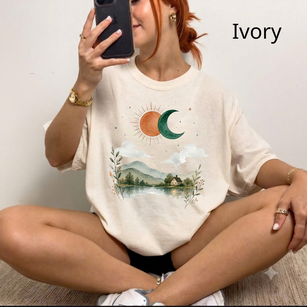 Vintage Nature Aesthetic T-Shirt, Sun and Moon Graphic Tee, Boho Landscape Shirt, Cute Indie Clothing