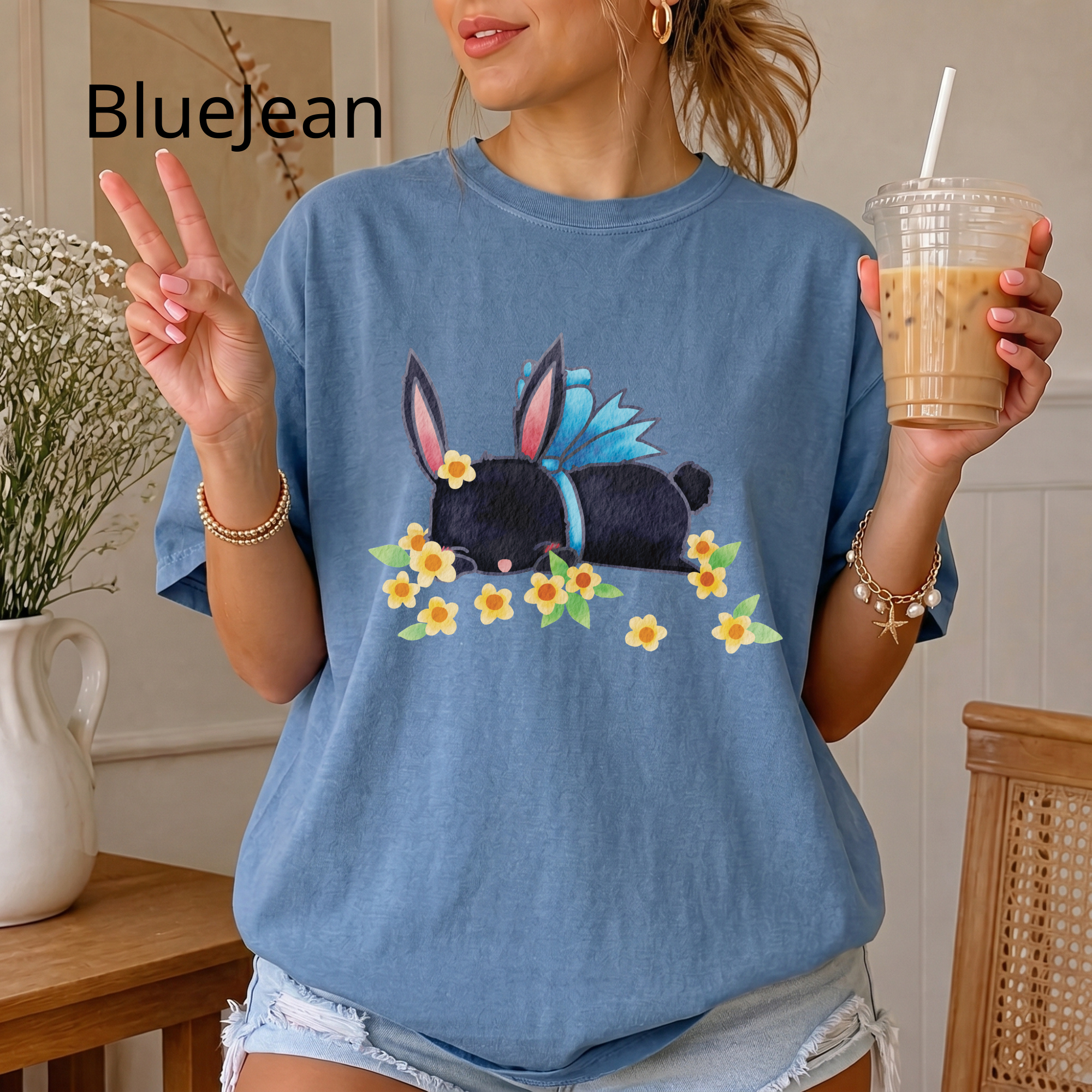 Bunny Bouquet T‑Shirt — Sleeping Black Bunny with Flowers