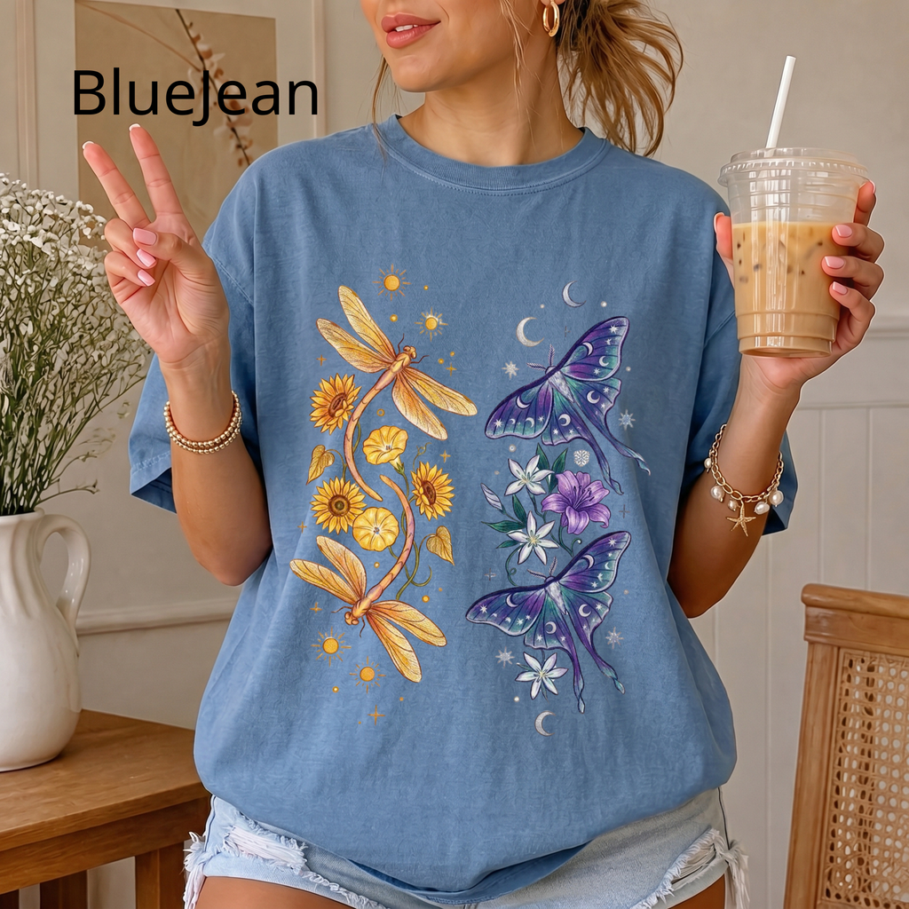 Botanical Moths T-Shirt — Golden Dragonflies & Midnight Moths Floral Tee
