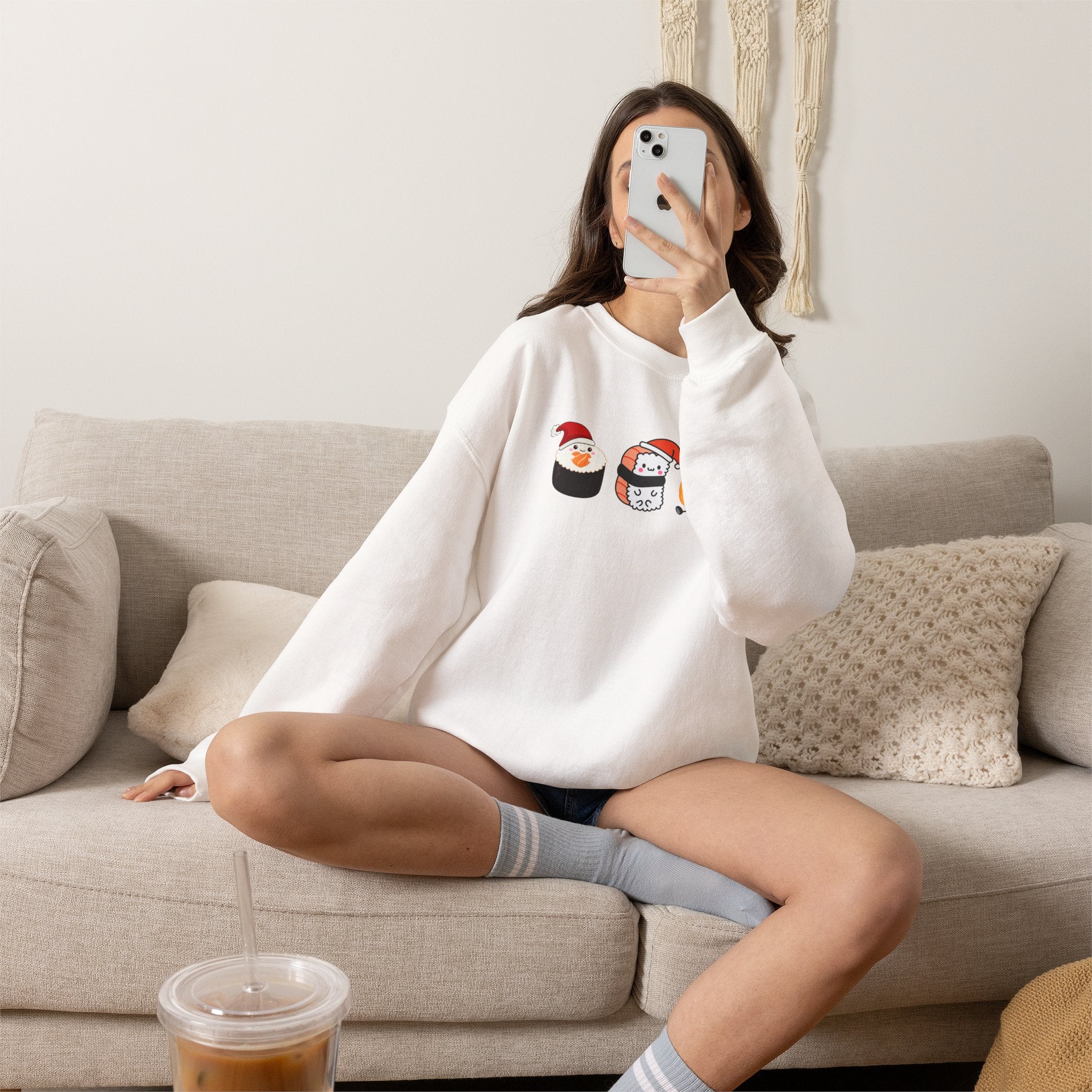 Holiday Sushi Crewneck Sweatshirt — Cute Santa Sushi Trio Christmas Sweatshirt