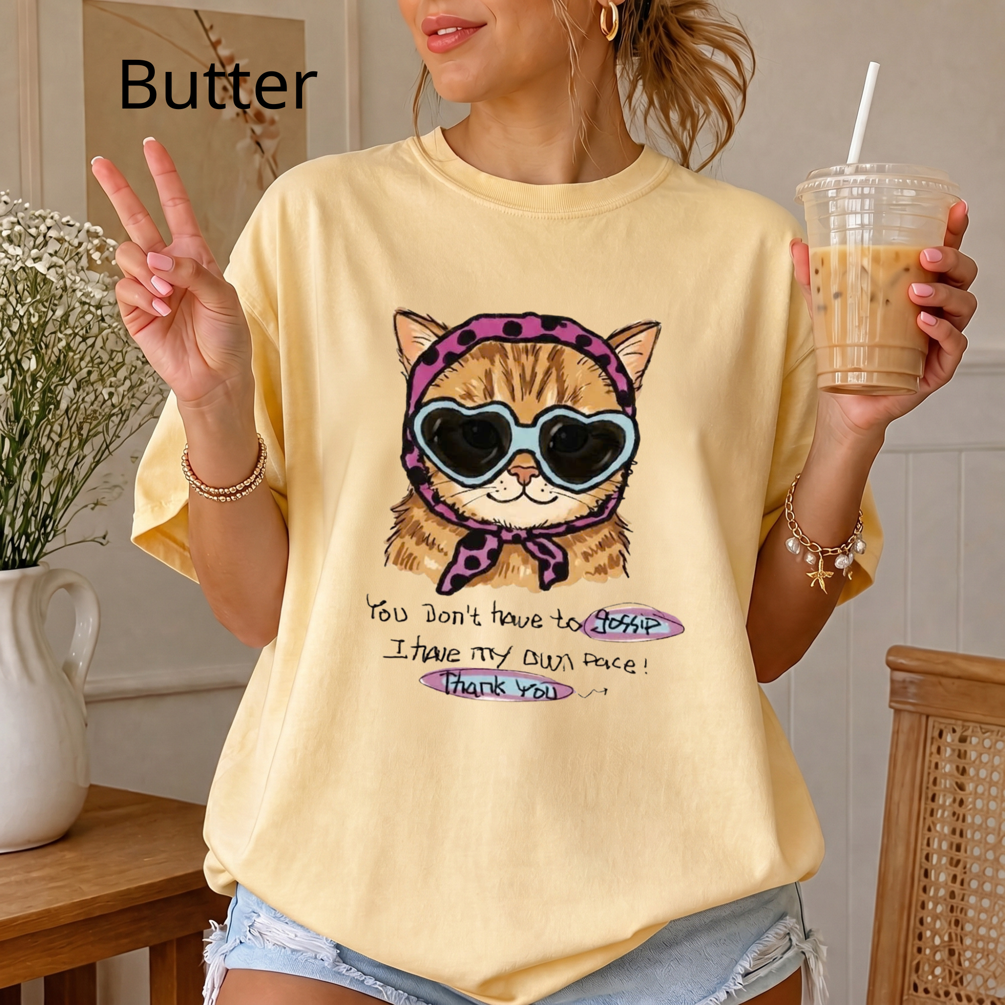 Cute Cat Shirt, You Don't Have To Gossip I Have My Own Pace T-Shirt, Funny Sassy Cat Lover Gift, Pastel Aesthetic Tee, Oversized Trendy Top