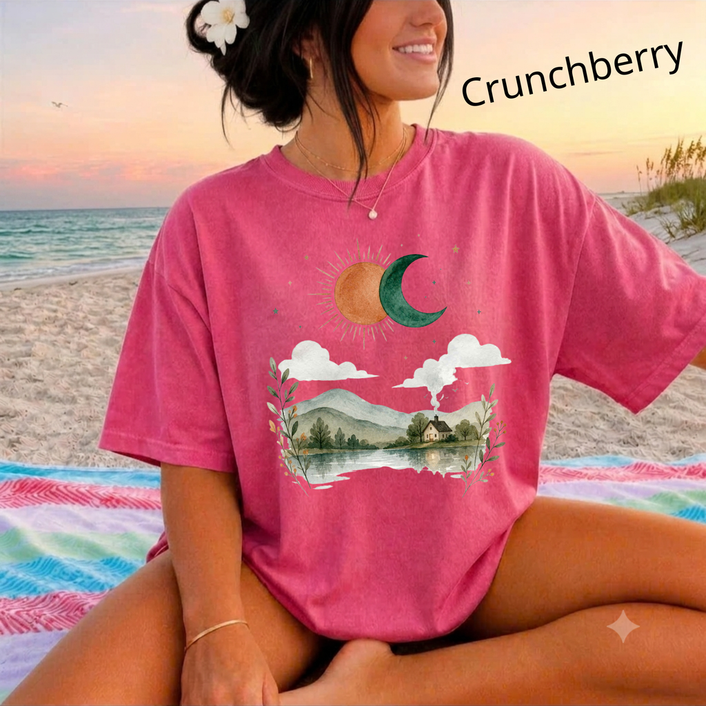 Vintage Nature Aesthetic T-Shirt, Sun and Moon Graphic Tee, Boho Landscape Shirt, Cute Indie Clothing