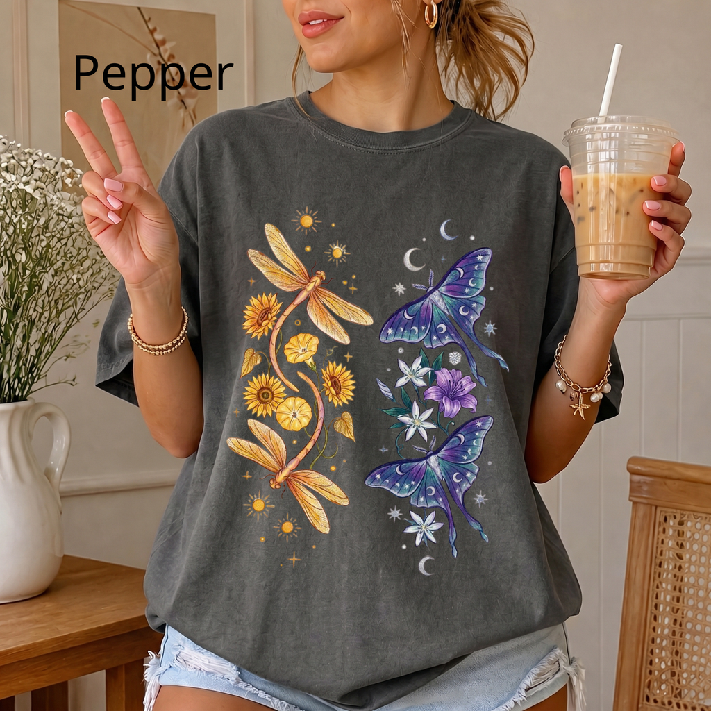 Botanical Moths T-Shirt — Golden Dragonflies & Midnight Moths Floral Tee