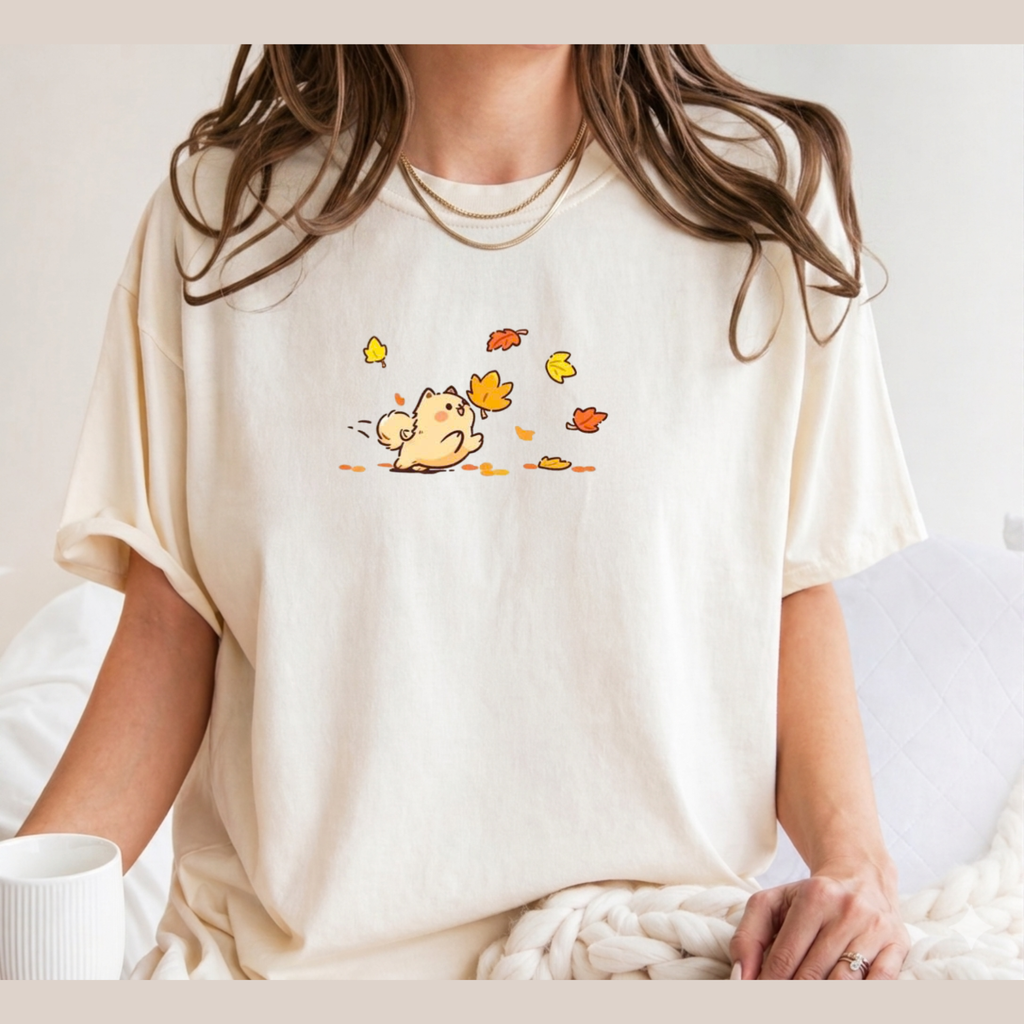 Comfort Colors Cute Dog Autumn Leaves T-Shirt, Kawaii Puppy Graphic Tee, Animal Shirt, Aesthetic Fall Outfit
