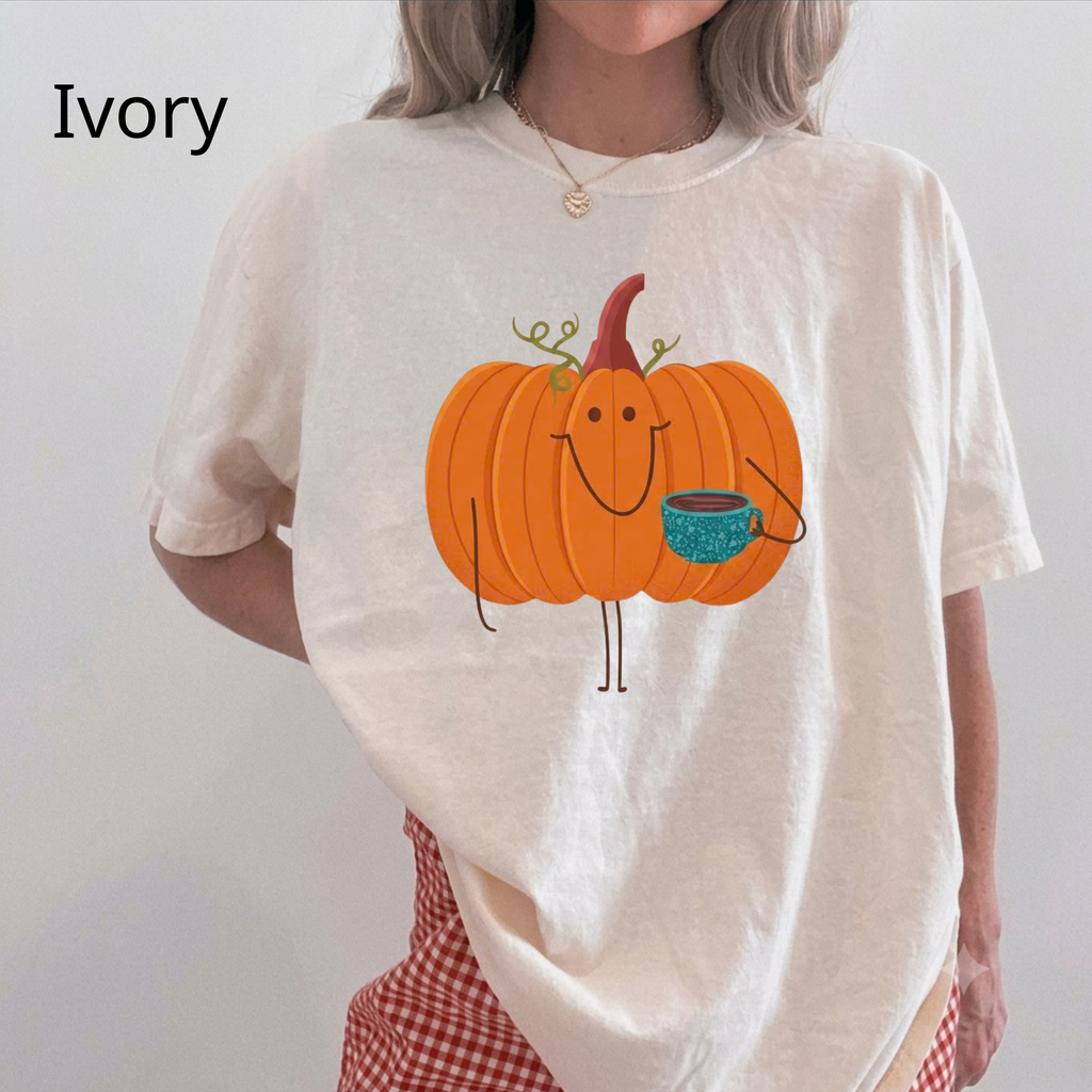 Cute Pumpkin Drinking Coffee T-Shirt, Funny Fall Season Tee, Happy Halloween T‑Shirt