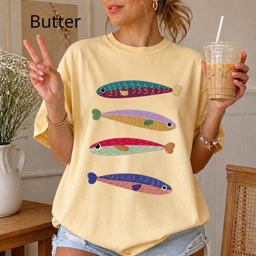 Feng Shui Fish T-Shirt, Cute Colorful Fish Tee, Aesthetic Pastel Graphic Shirt, Boho Fish Art Lover Gift, Quirky Indie Oversized Top