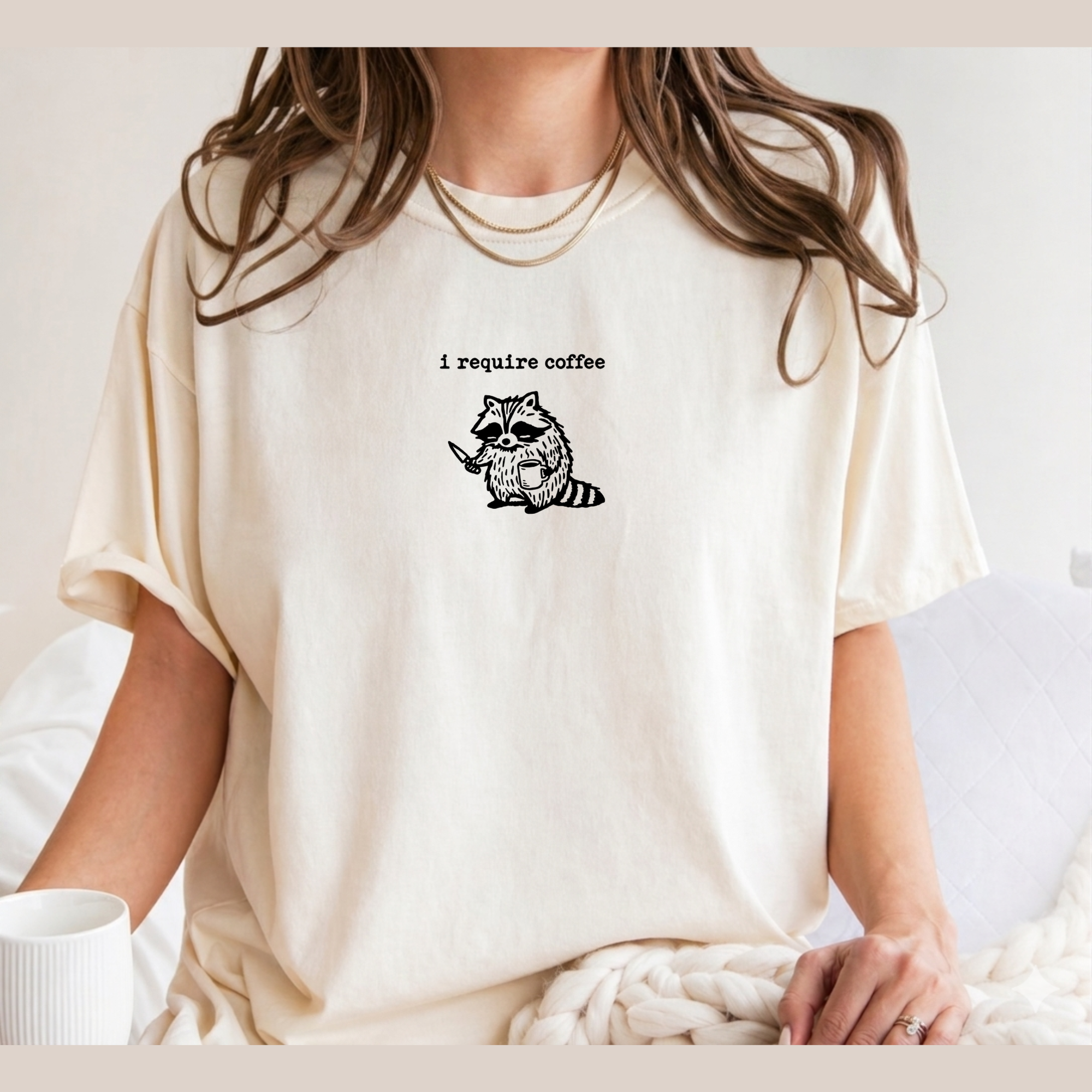 I Require Coffee Tee, Embroidered Raccoon Shirt, Funny Comfort Colors T-shirt, Coffee Lover Gift, Chaotic Cozy Shirt, Weirdcore