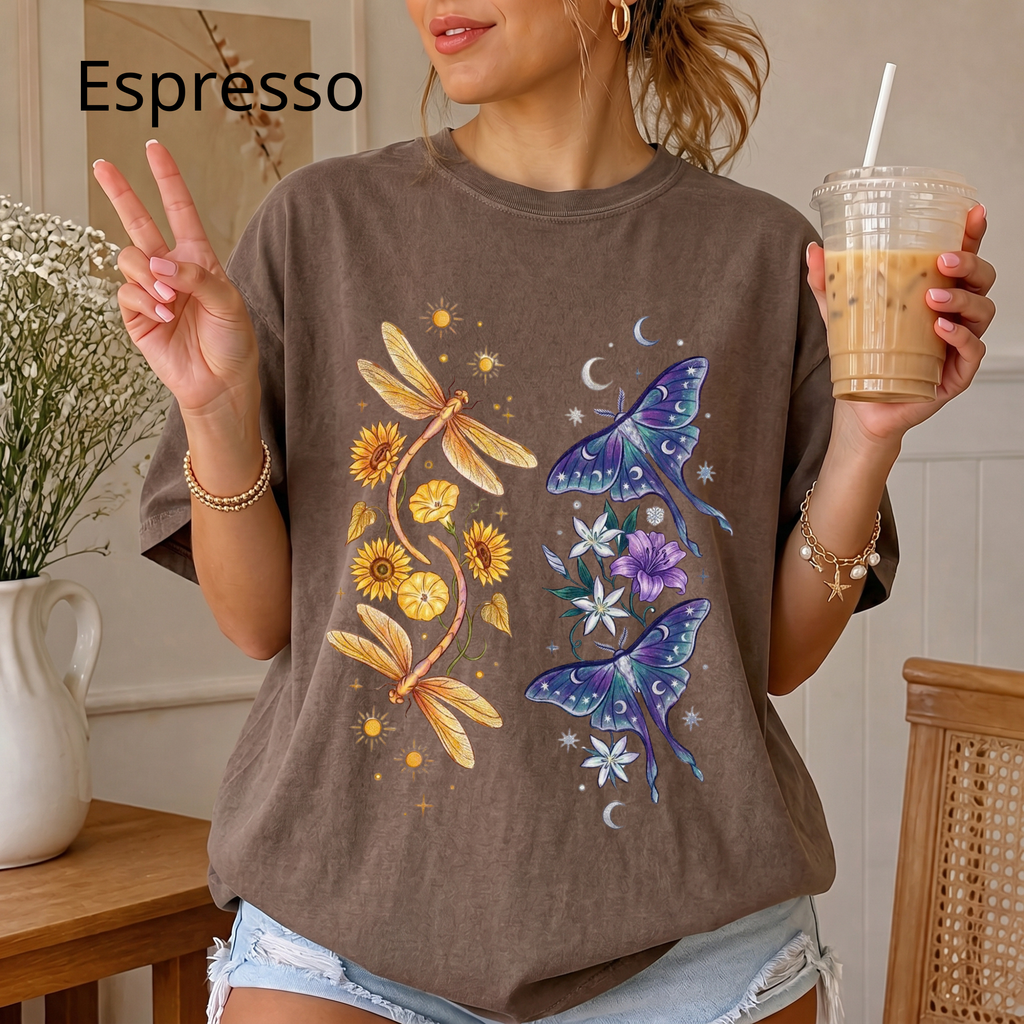 Botanical Moths T-Shirt — Golden Dragonflies & Midnight Moths Floral Tee