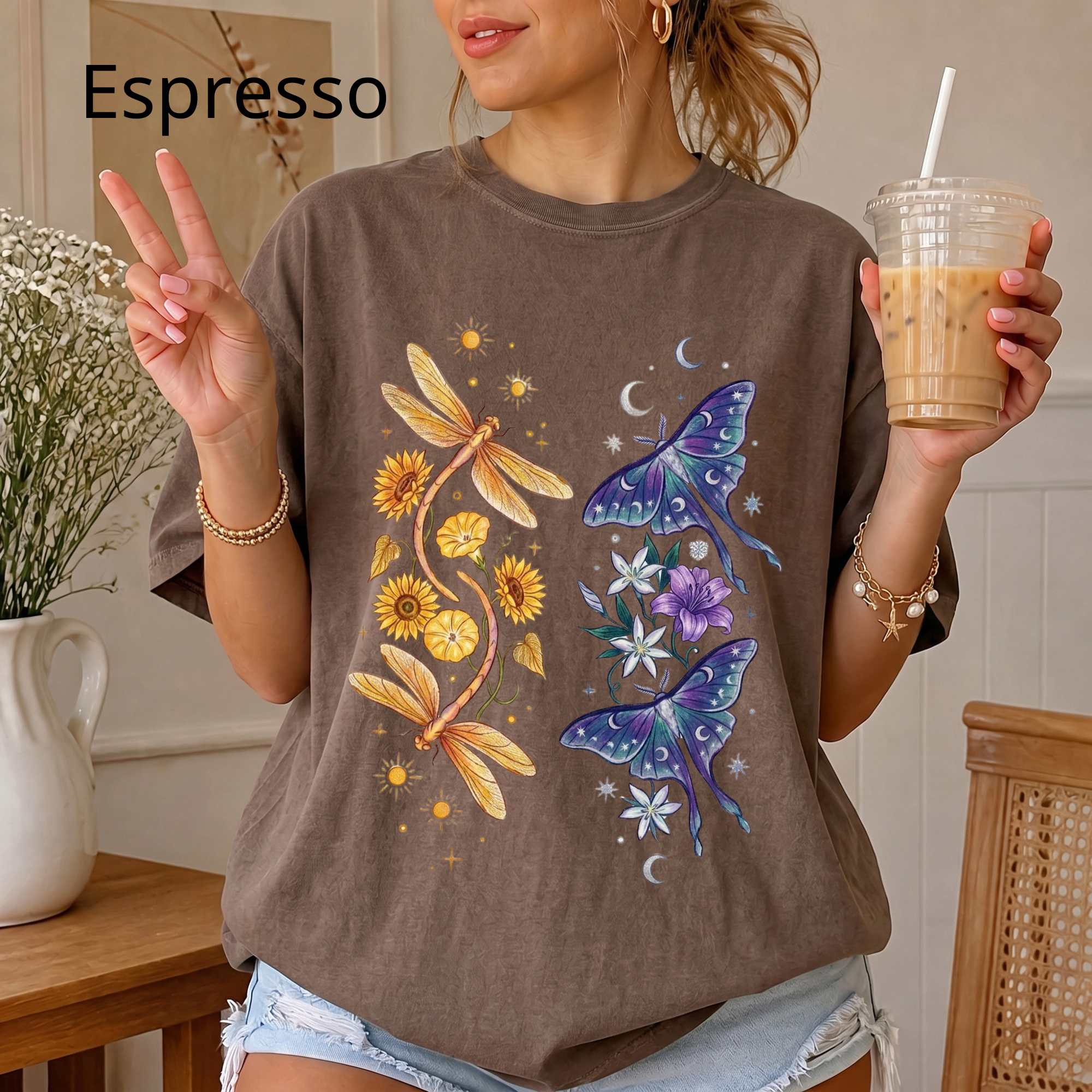 Botanical Moths T-Shirt — Golden Dragonflies & Midnight Moths Floral Tee