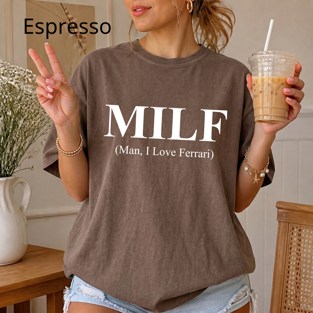 MILF Joke T-Shirt, "Man I Love Ferrari" Edgy Word Art Tee, Streetwear Graphic Shirt for Trolls, Funny Humor Top, Funny Quote Shirt