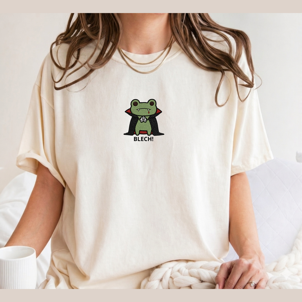 Vampire Frog Embroidered T-Shirt, Blech Cute Frog Tee, Spooky Season Aesthetic Shirt, Funny Gothic Animal Embroidery Gift