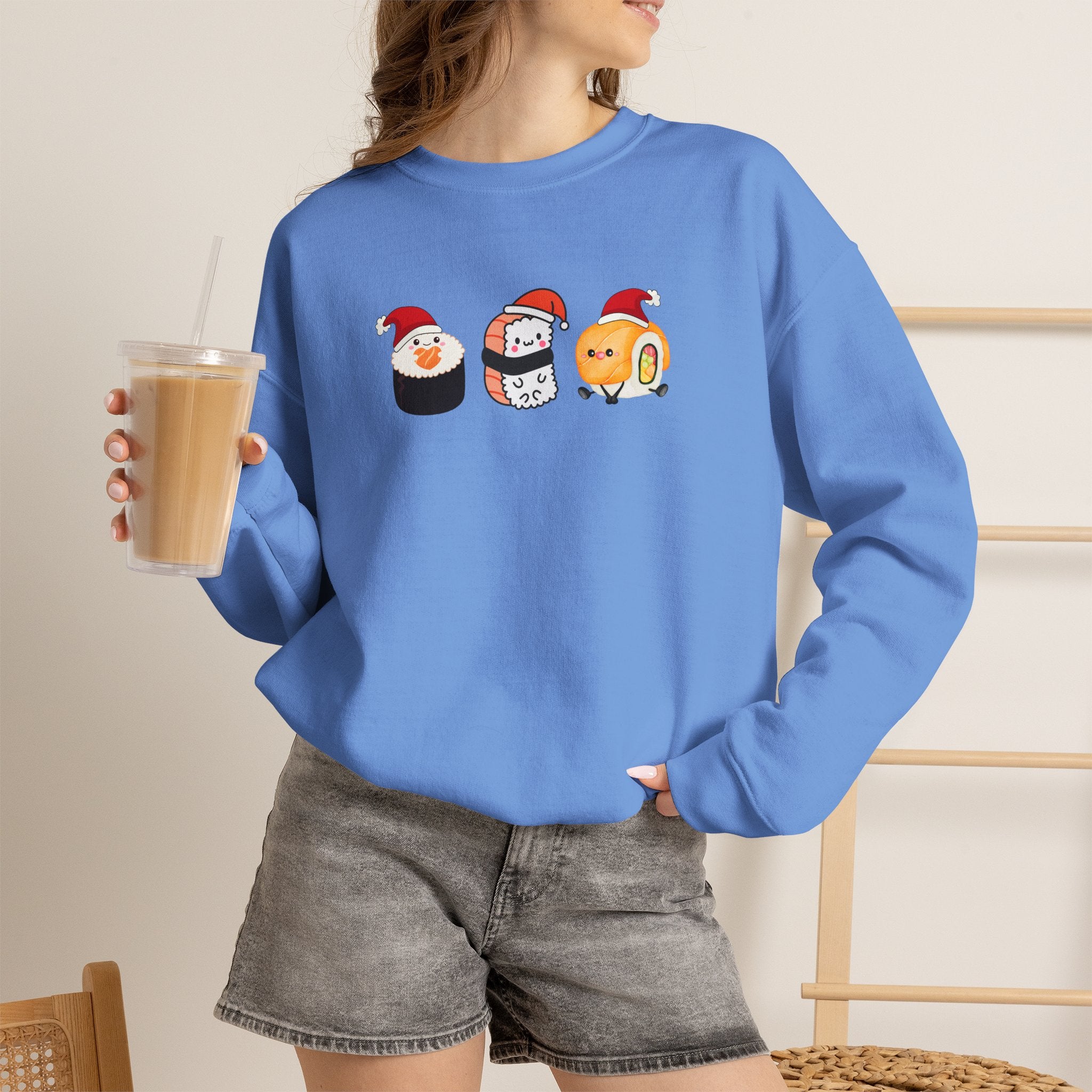 Holiday Sushi Crewneck Sweatshirt — Cute Santa Sushi Trio Christmas Sweatshirt