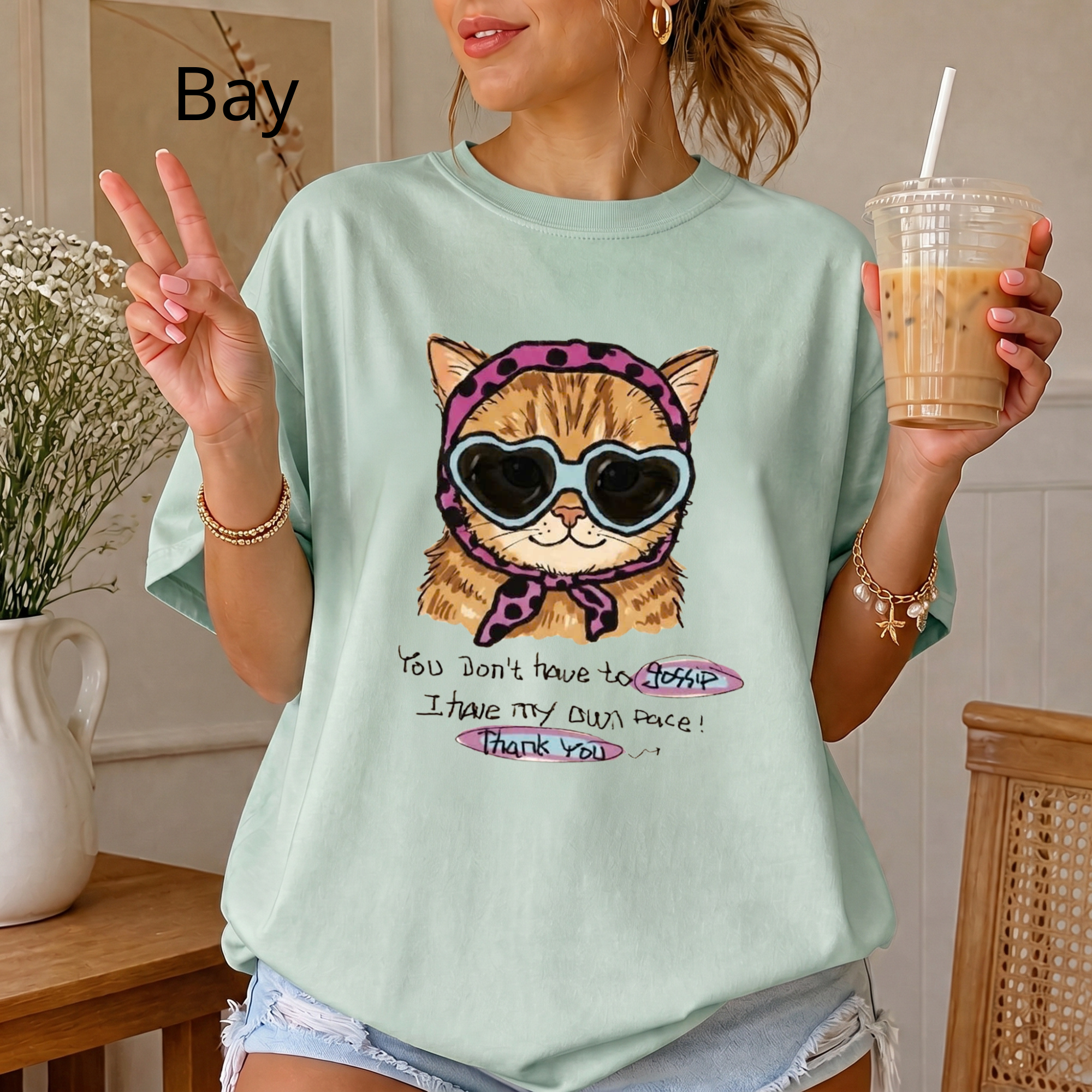 Cute Cat Shirt, You Don't Have To Gossip I Have My Own Pace T-Shirt, Funny Sassy Cat Lover Gift, Pastel Aesthetic Tee, Oversized Trendy Top