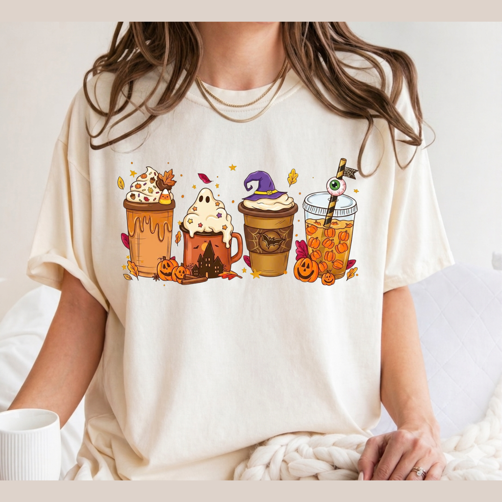Fall Vibes Halloween Drinks Graphic Tee, Iced Coffee Ghost Shirt, Cozy Autumn Season Shirt, Funny Coffee Lover Gift