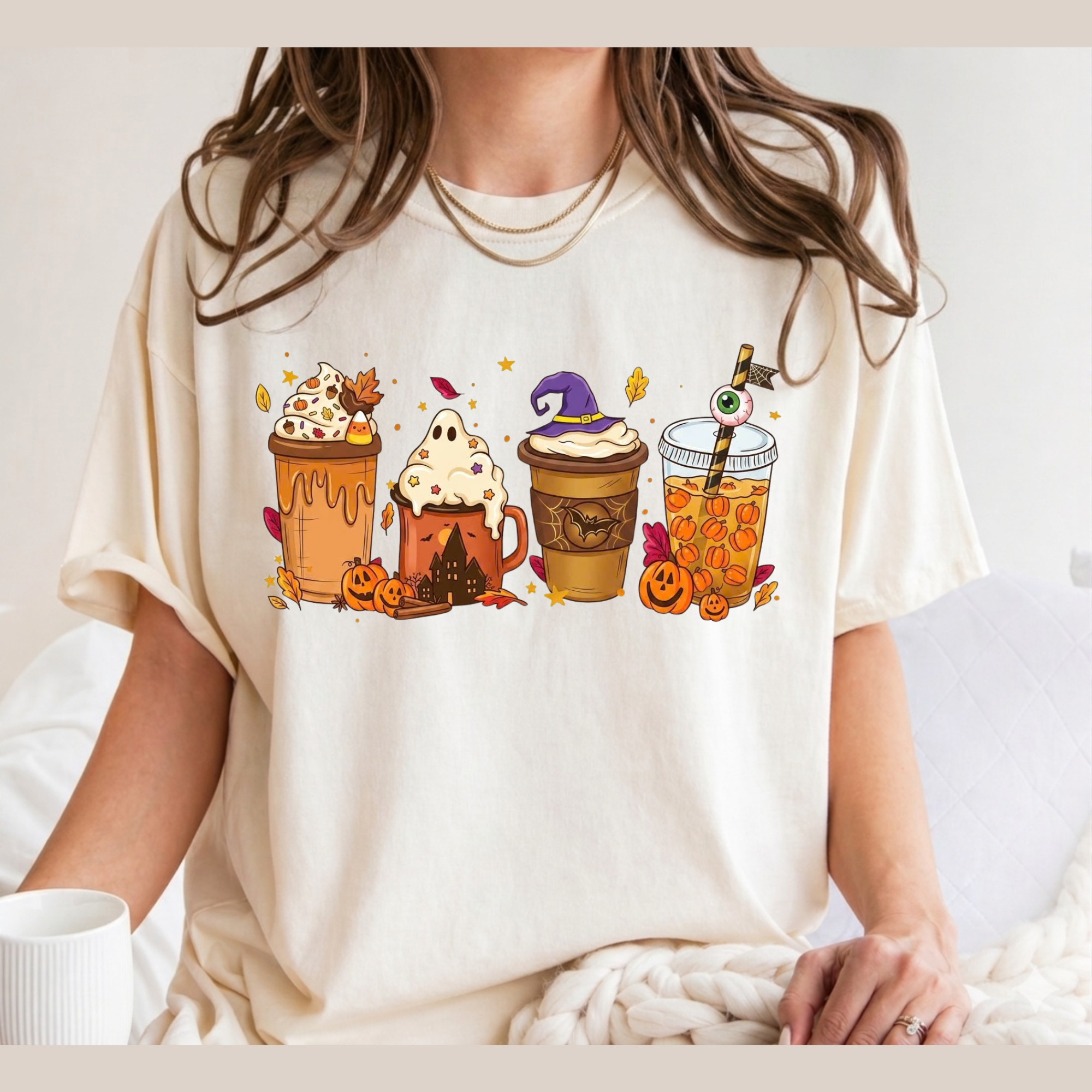 Fall Vibes Halloween Drinks Graphic Tee, Iced Coffee Ghost Shirt, Cozy Autumn Season Shirt, Funny Coffee Lover Gift