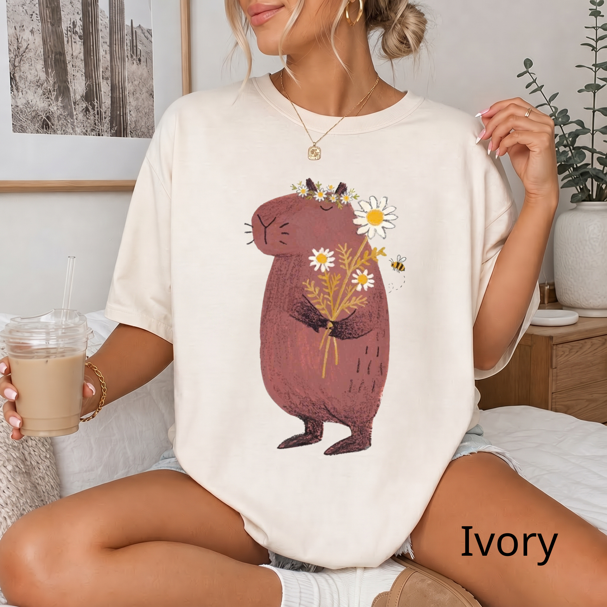 Comfort Color Cute Capybara with Daisy Bouquet Graphic T-Shirt - Unisex Cotton Tee