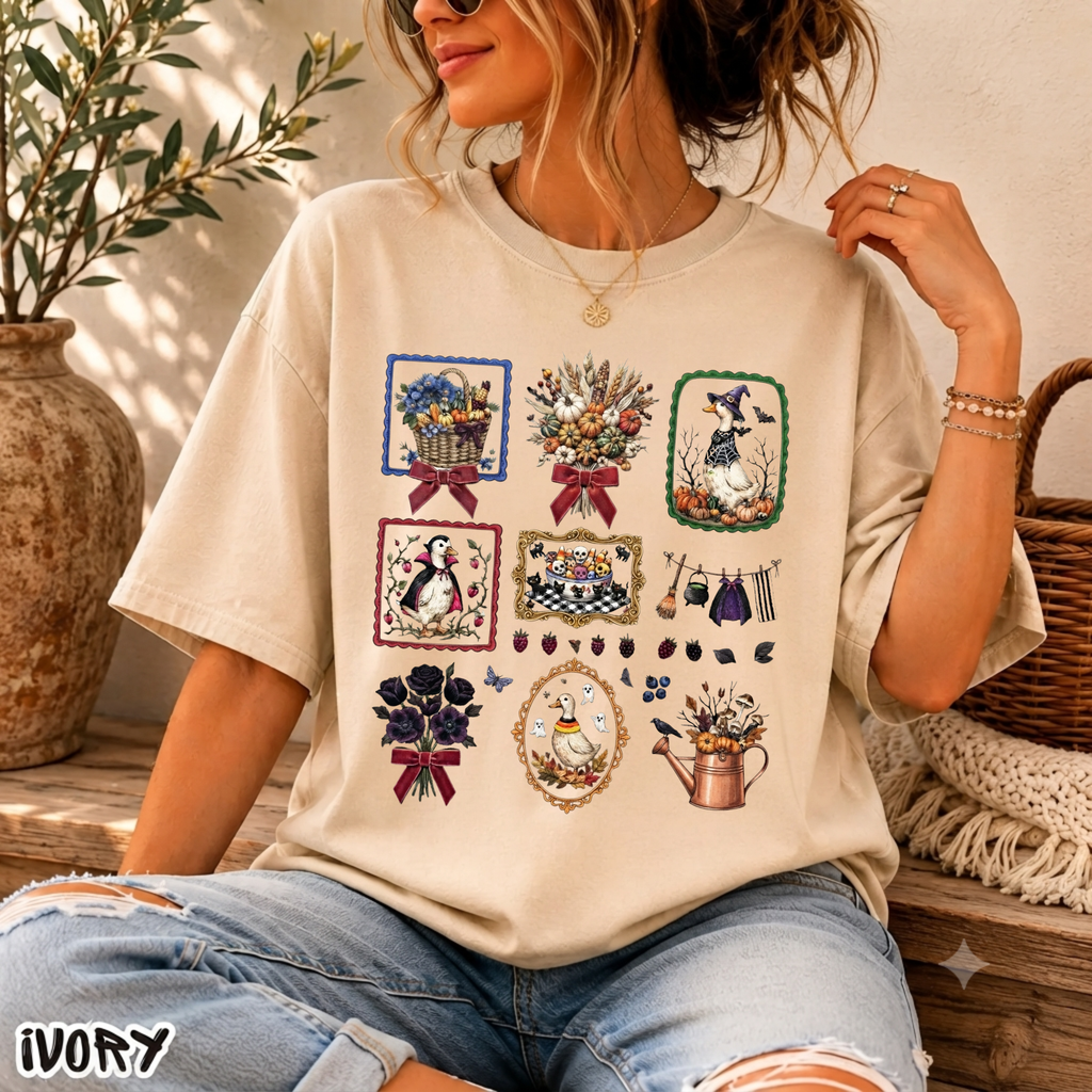 Vintage Halloween Duck Graphic T-Shirt - Spooky Autumn Fall Season Crewneck Tee — Garden Collage Tee