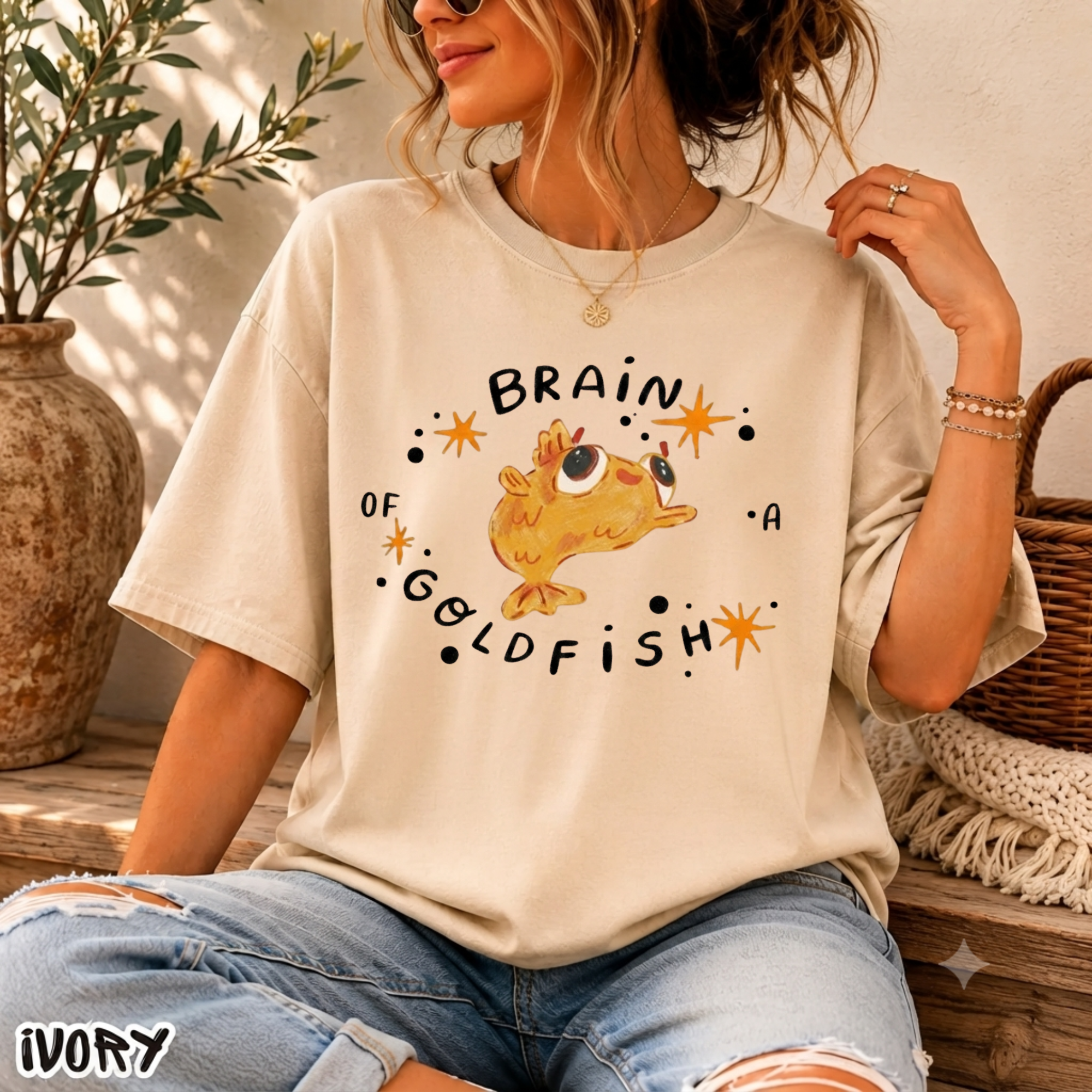 Brain of a Goldfish Cute Graphic Tee, Funny Fish T-Shirt, Aesthetic Retro Casual Cotton Shirt