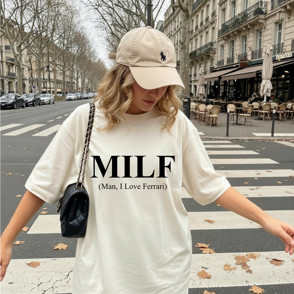 MILF Joke T-Shirt, "Man I Love Ferrari" Edgy Word Art Tee, Streetwear Graphic Shirt for Trolls, Funny Humor Top, Funny Quote Shirt