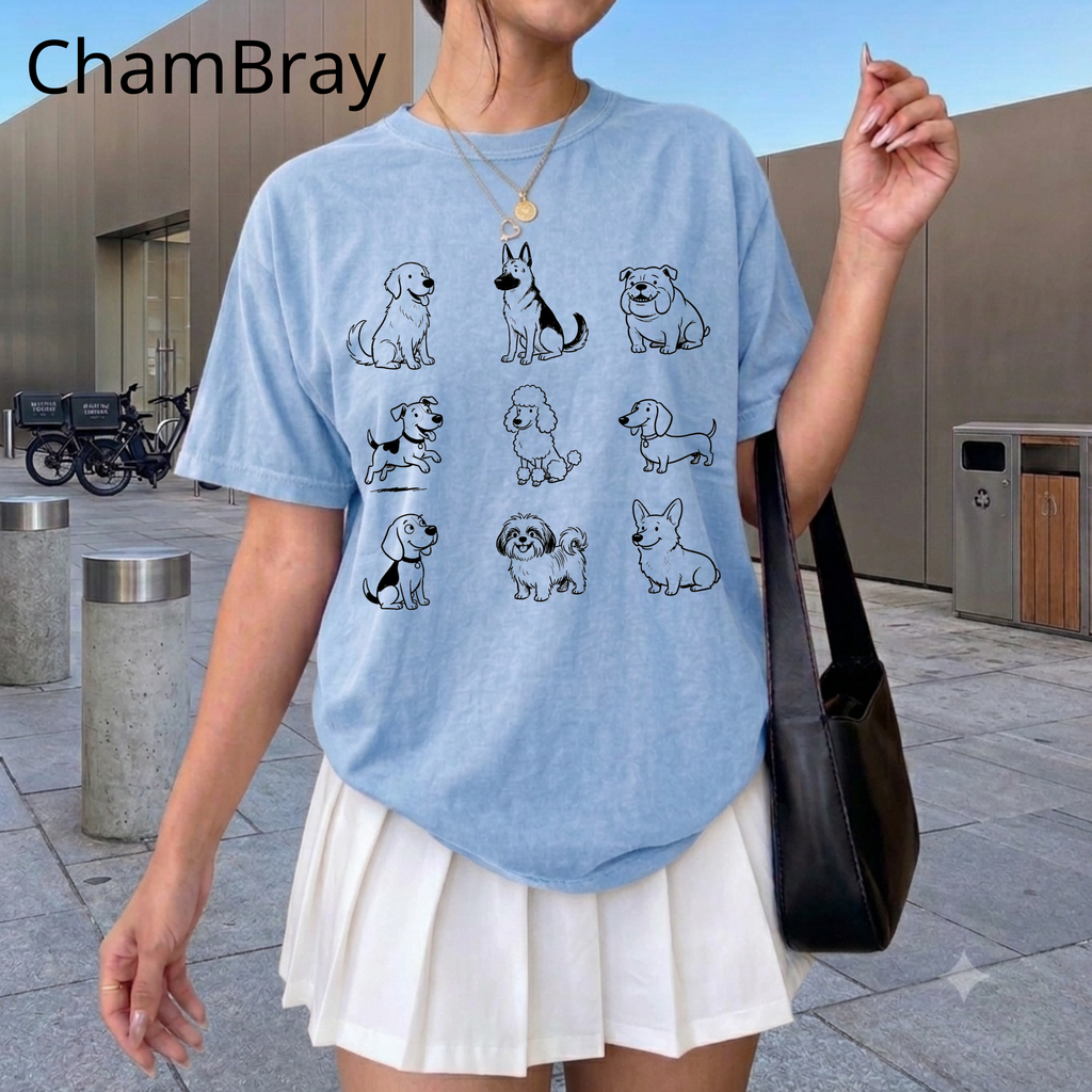 Dog Breeds Grid T-Shirt — Minimal Line Art Puppy Tee