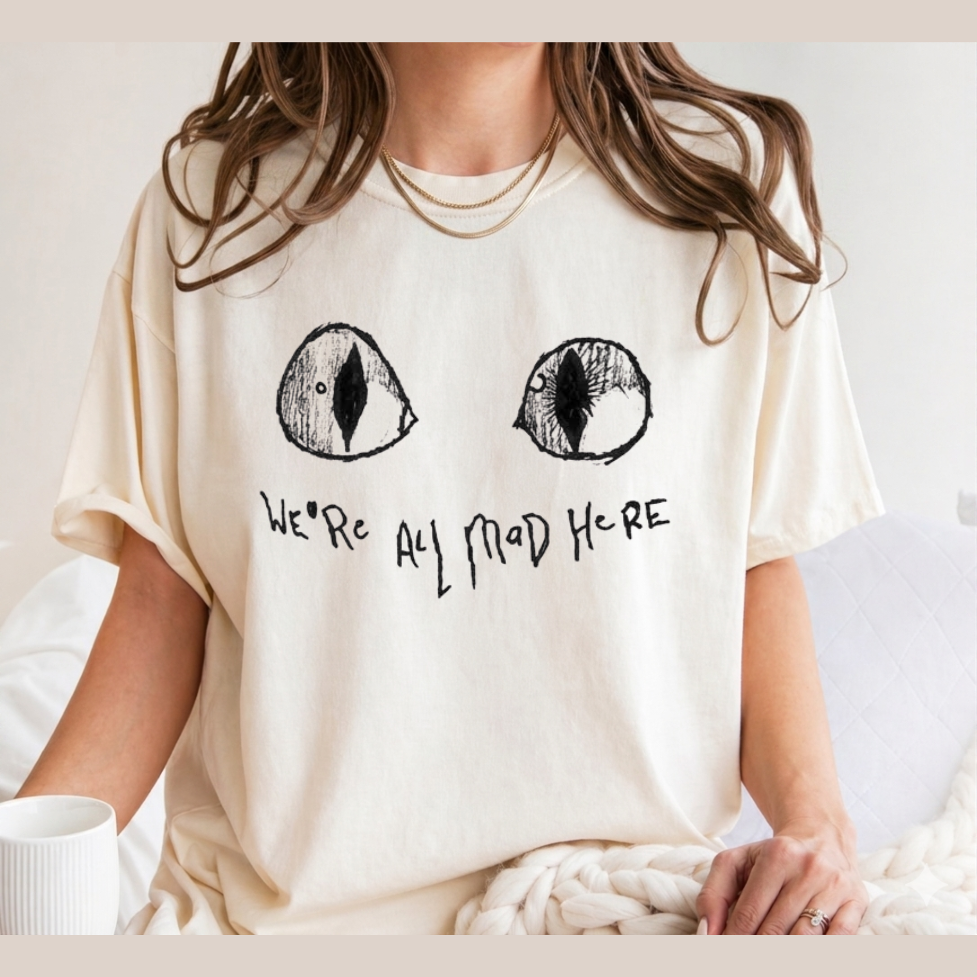 We're All Mad Here Cat Eyes T-Shirt, Alice in Wonderland Inspired Graphic Tee, Cheshire Cat Aesthetic Shirt, Book Lover Gift