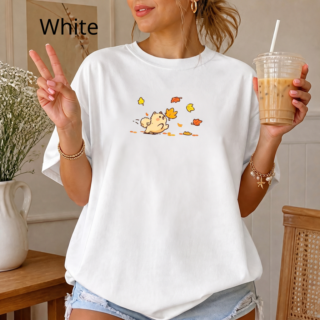 Comfort Colors Cute Dog Autumn Leaves T-Shirt, Kawaii Puppy Graphic Tee, Animal Shirt, Aesthetic Fall Outfit