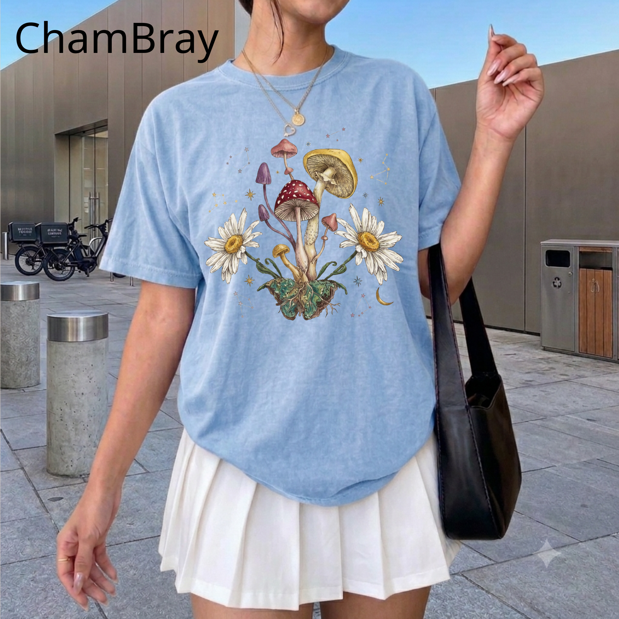 Mushroom & Daisies Botanical T-Shirt — Vintage Cottagecore Nature Tee, Floral Shirt