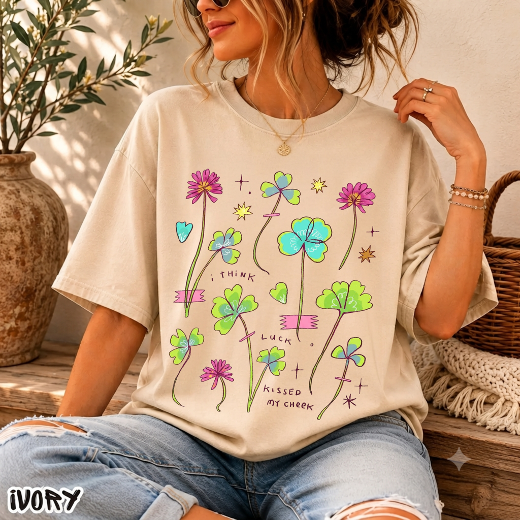 Lucky Clover Graphic Tee, Pastel Wildflower T-Shirt, Cute Aesthetic Four Leaf Clover Shirt, Retro Indie Apparel