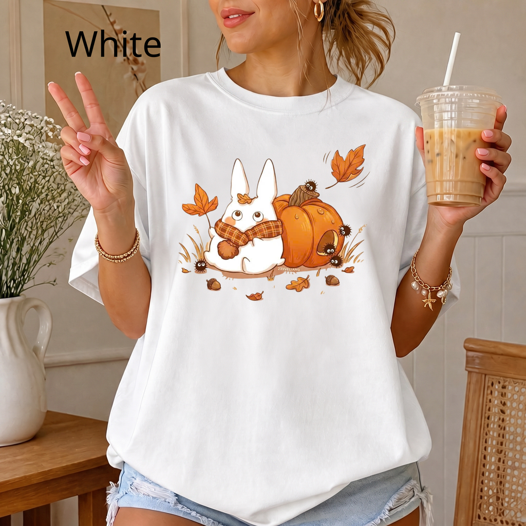 Studio Ghibli Autumn T-Shirt, Cute White Rabbit and Soot Sprites Tee, Spooky Season Pumpkin Shirt, Comfort Colors® Fall Apparel