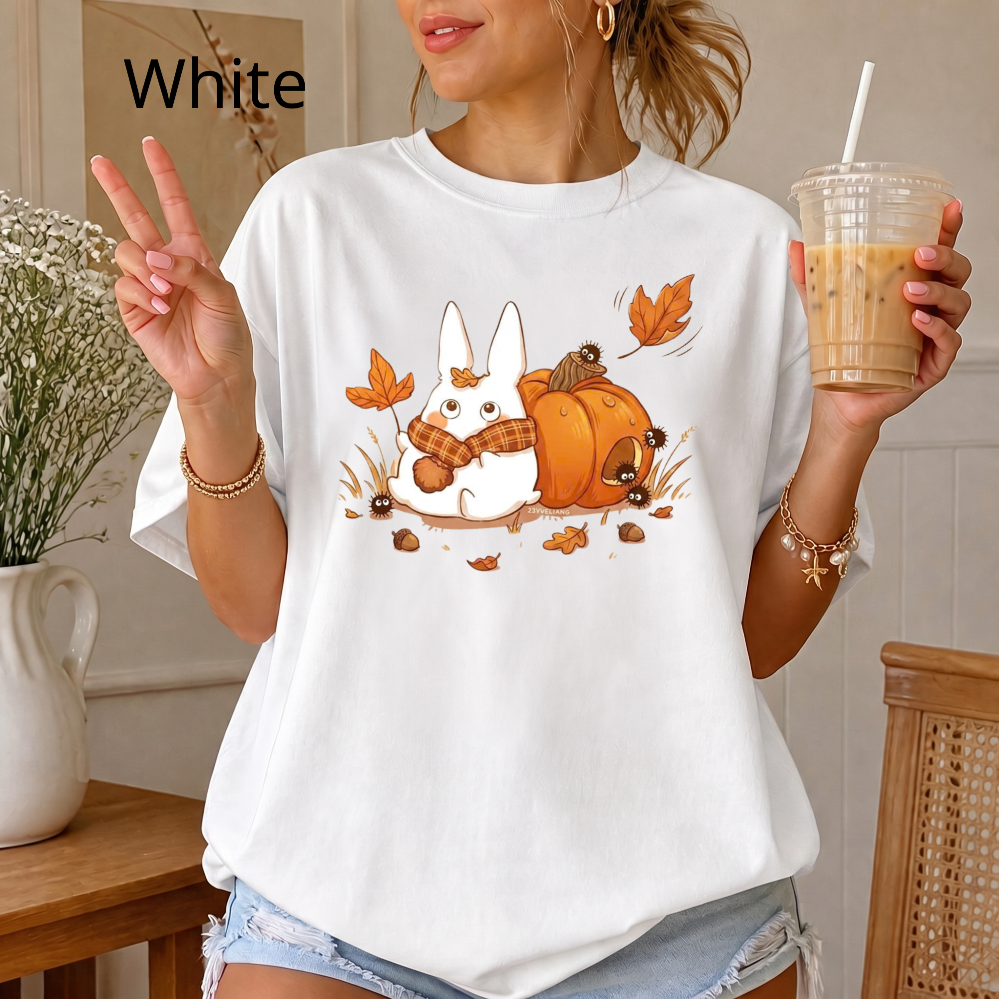 Studio Ghibli Autumn T-Shirt, Cute White Rabbit and Soot Sprites Tee, Spooky Season Pumpkin Shirt, Comfort Colors® Fall Apparel