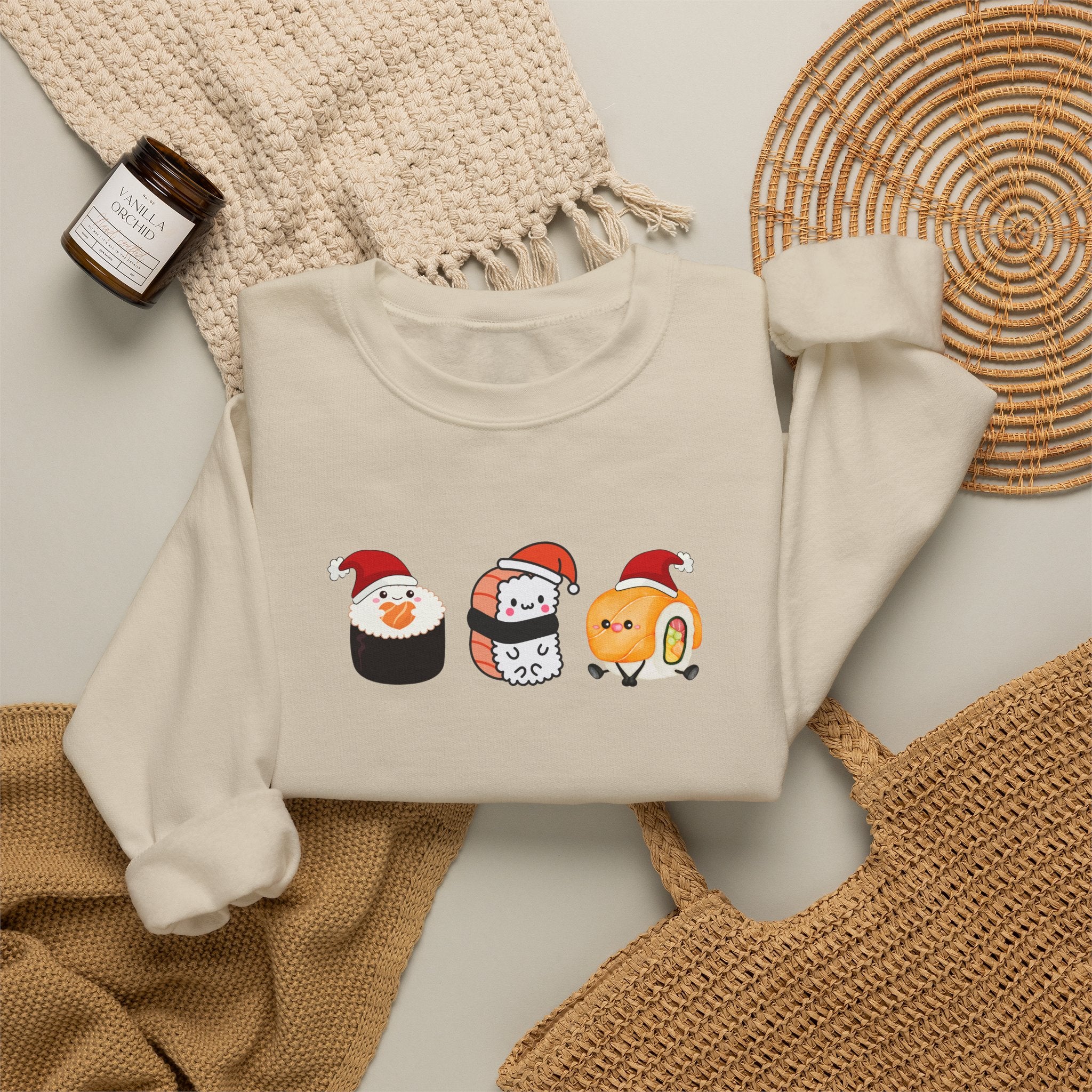 Holiday Sushi Crewneck Sweatshirt — Cute Santa Sushi Trio Christmas Sweatshirt