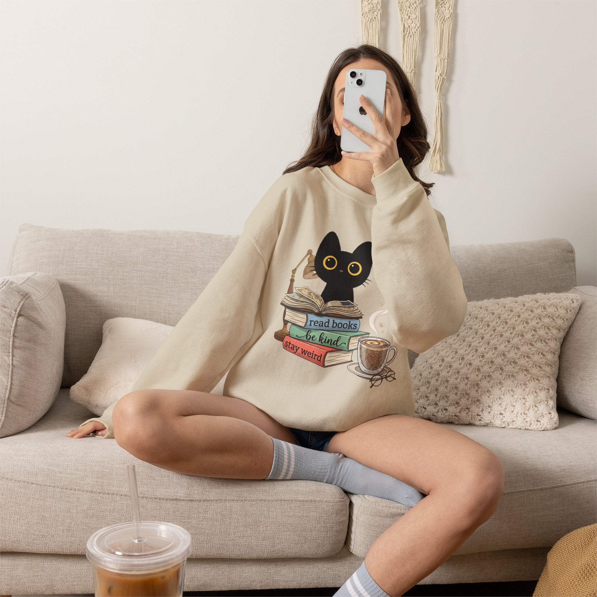 Cat & Books Crewneck — "Read Books, Be Kind, Stay Weird" Cozy Booklover Sweatshirt