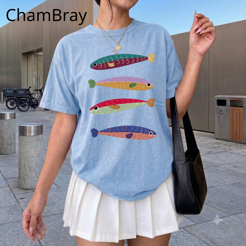 Feng Shui Fish T-Shirt, Cute Colorful Fish Tee, Aesthetic Pastel Graphic Shirt, Boho Fish Art Lover Gift, Quirky Indie Oversized Top