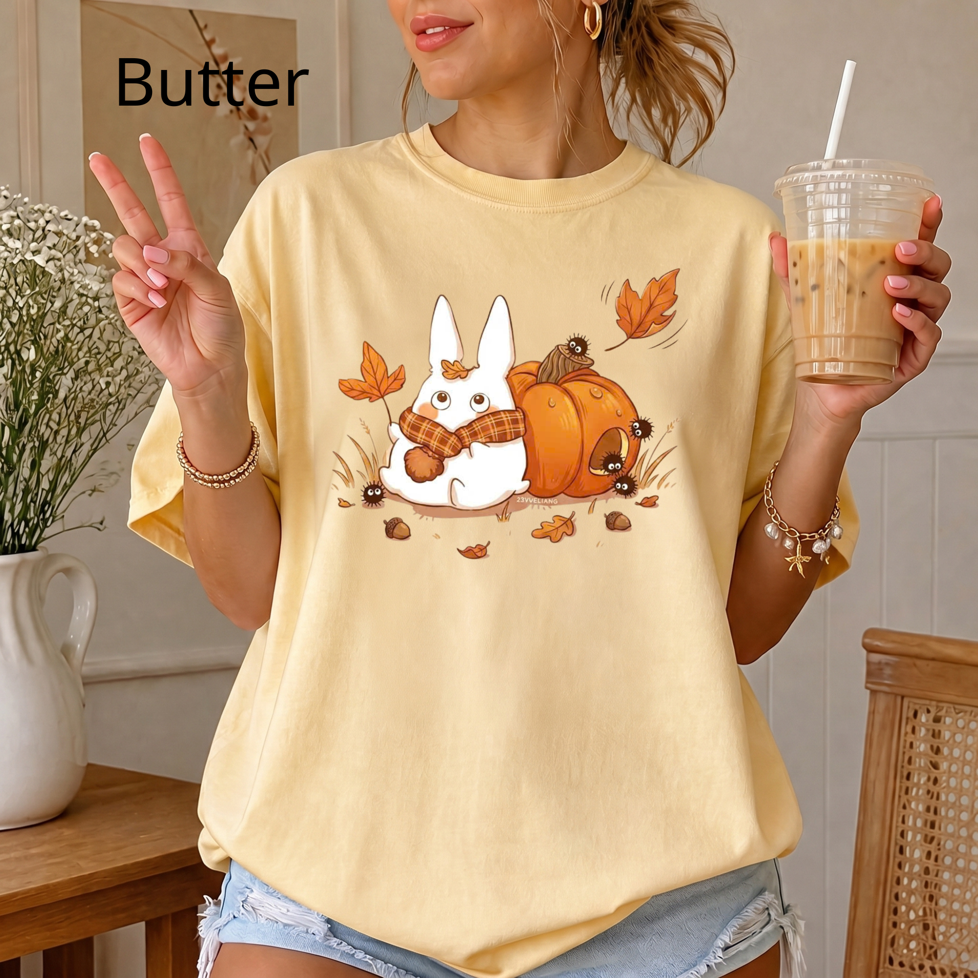 Studio Ghibli Autumn T-Shirt, Cute White Rabbit and Soot Sprites Tee, Spooky Season Pumpkin Shirt, Comfort Colors® Fall Apparel