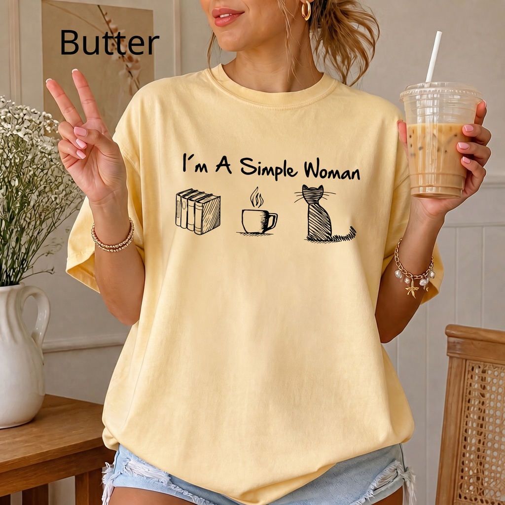 Funny Cat Mom T-Shirt, I'm A Simple Woman Tee, Coffee Cat and Books Graphic Apparel, Vintage Aesthetic Bookish Top