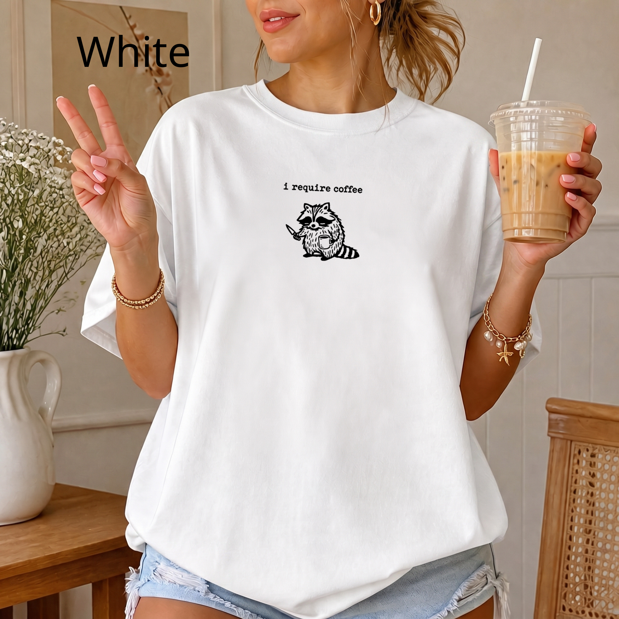 I Require Coffee Tee, Embroidered Raccoon Shirt, Funny Comfort Colors T-shirt, Coffee Lover Gift, Chaotic Cozy Shirt, Weirdcore