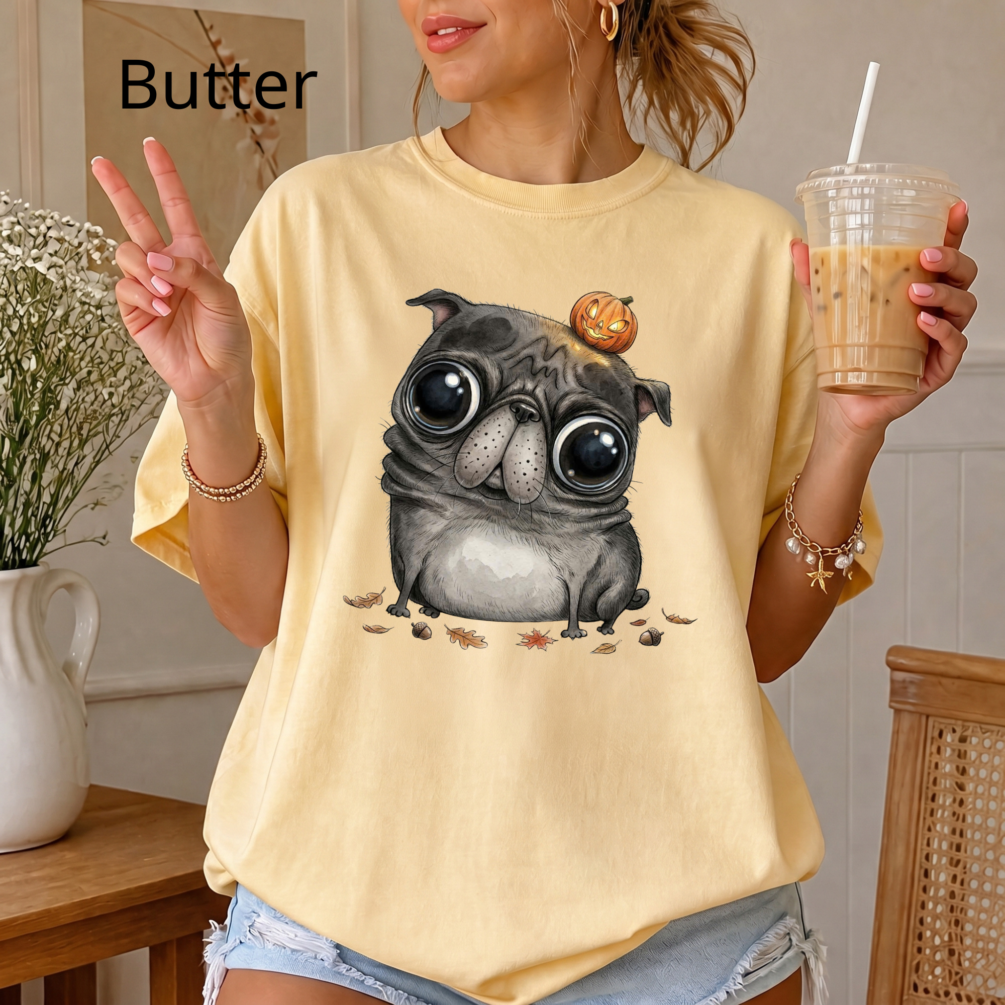 Comfort Colors® Cute Halloween Pug T-Shirt, Spooky Season Pug Puppy Tee, Big Eyes Pugkin Shirt, Pug Lover Gift