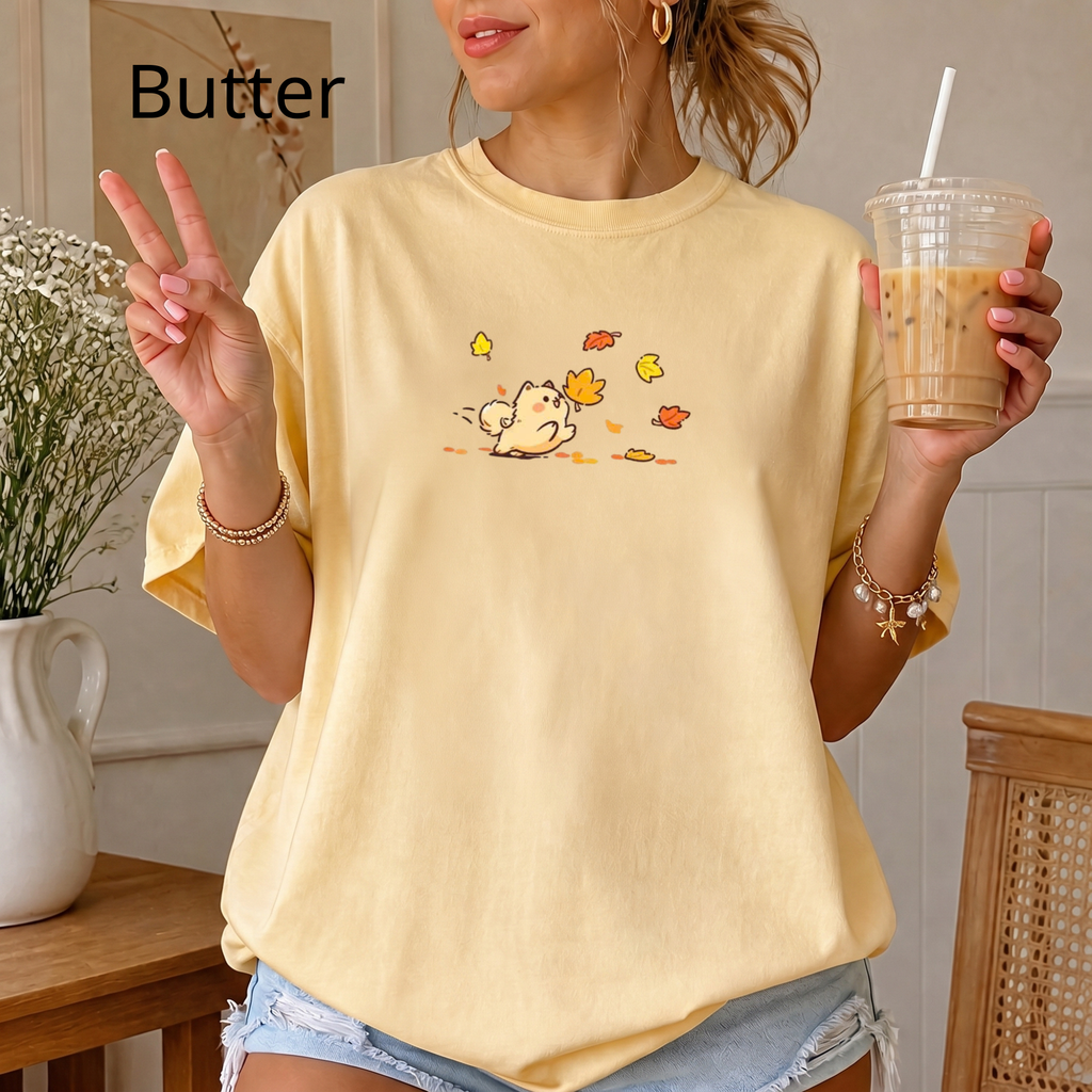 Comfort Colors Cute Dog Autumn Leaves T-Shirt, Kawaii Puppy Graphic Tee, Animal Shirt, Aesthetic Fall Outfit