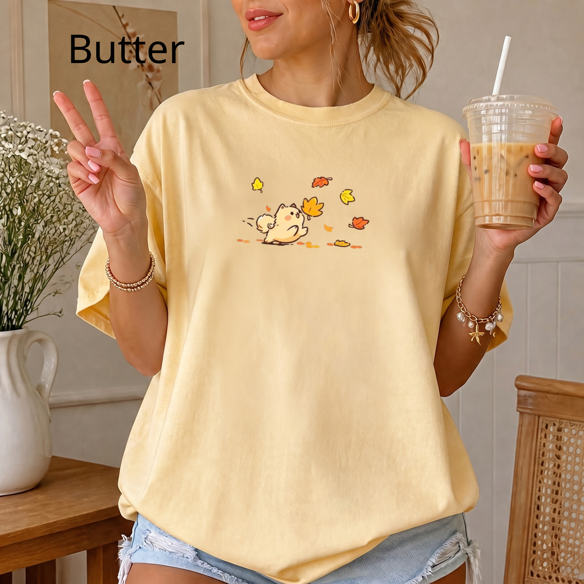 Comfort Colors Cute Dog Autumn Leaves T-Shirt, Kawaii Puppy Graphic Tee, Animal Shirt, Aesthetic Fall Outfit