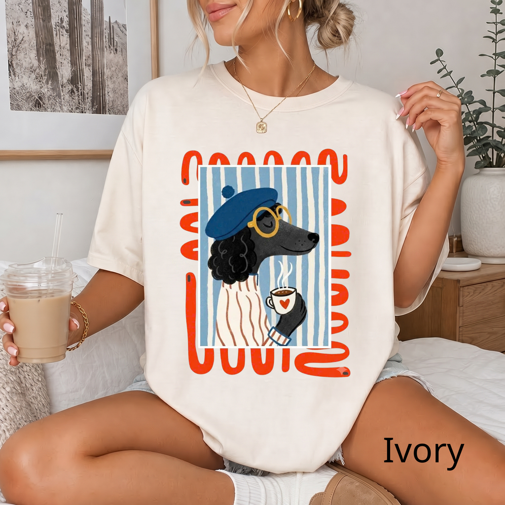 French Poodle Drinking Coffee T-Shirt, Artsy Dog Graphic Tee, Cute French Beret Animal Shirt, Casual Cotton Tee